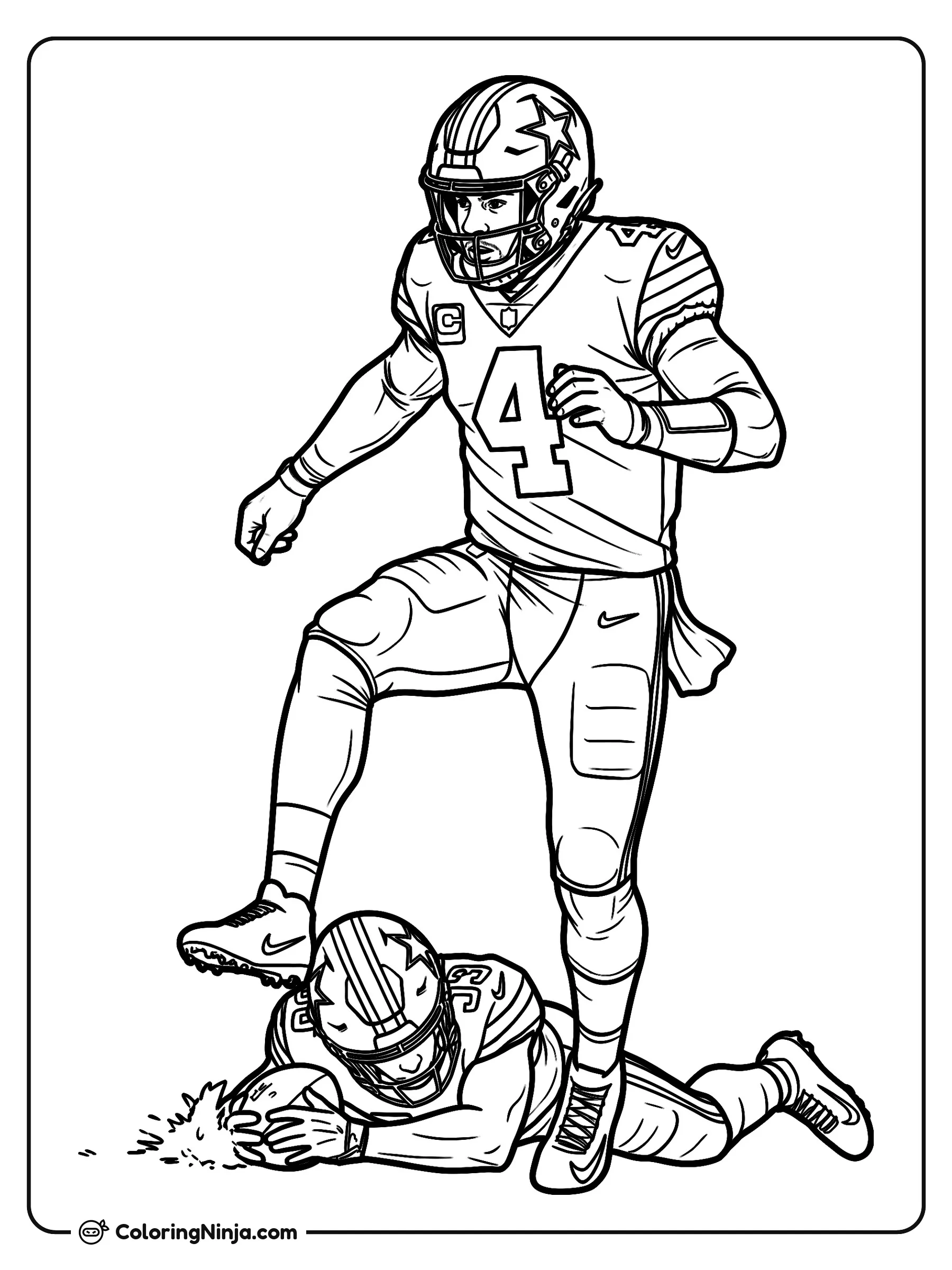 Dak Prescott esquivando a un defensor, dibujo para colorear: Dak Prescott avanza a toda velocidad con el uniforme completo y el número cuatro en su camiseta. Un defensor yace en el césped debajo de él sujetando el balón tras haberse lanzado.