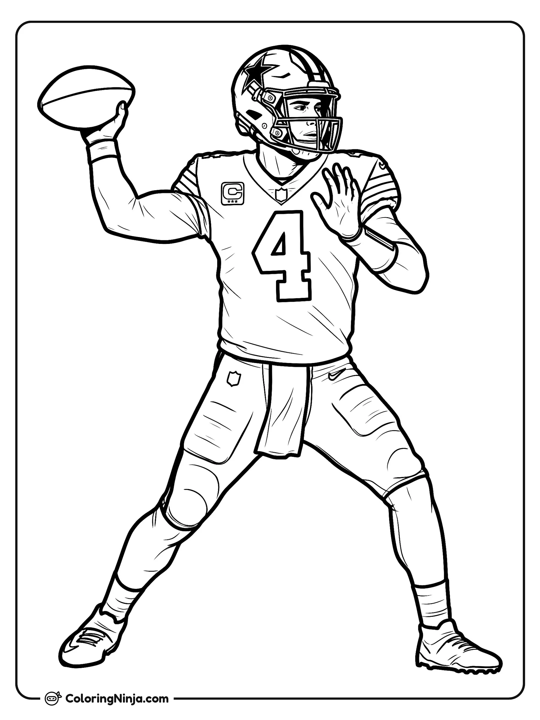 Dak Prescott lanzando un pase largo, dibujo para colorear: Dak Prescott adopta una postura firme mientras se prepara para lanzar un pase de fútbol americano. Lleva su uniforme completo con el número 4, casco con estrella y tachones.