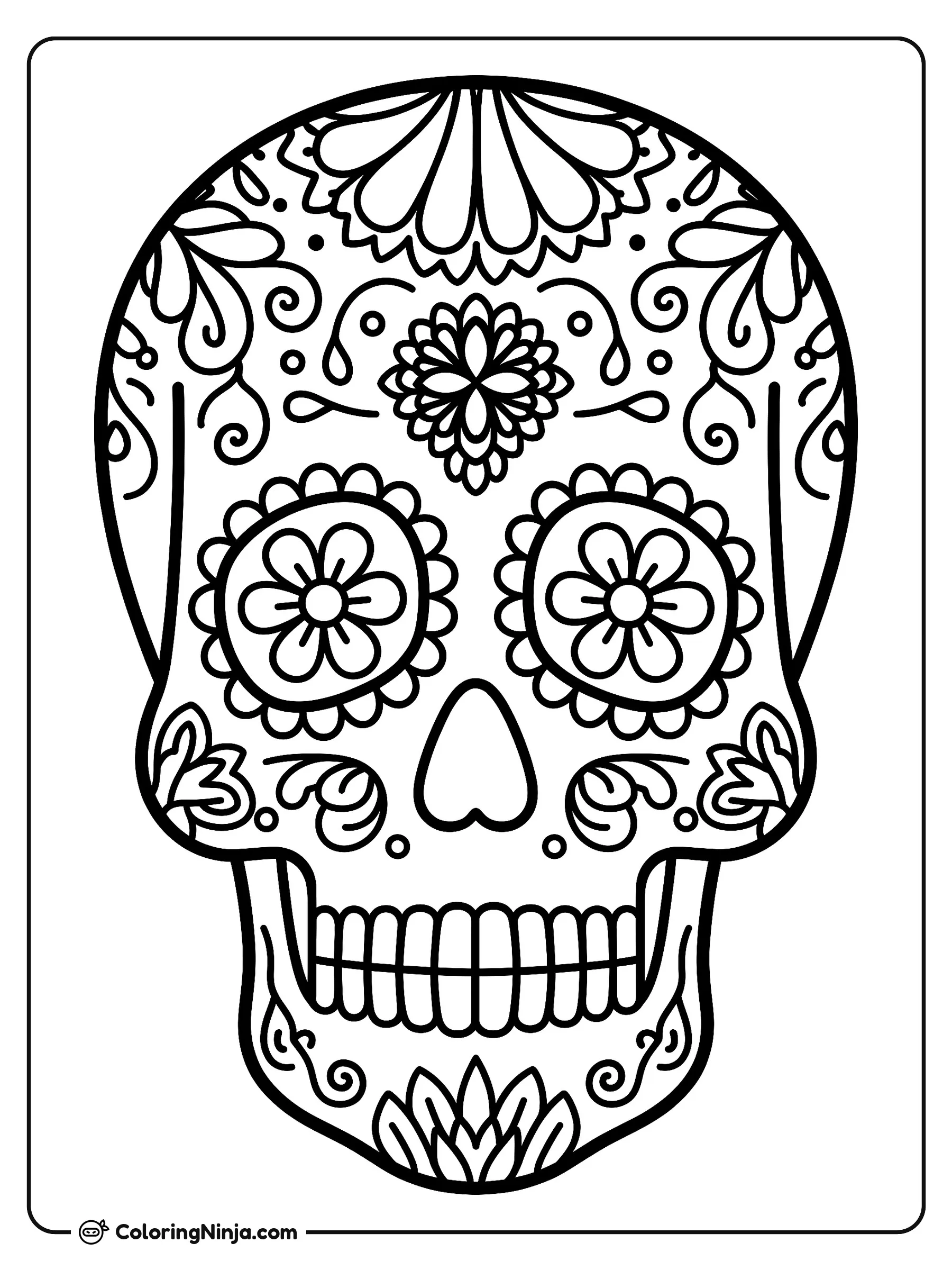 Calavera de Azúcar de Día de Muertos, dibujo para colorear: Una calavera de azúcar del Día de Muertos presenta intrincados patrones decorativos en toda su superficie.