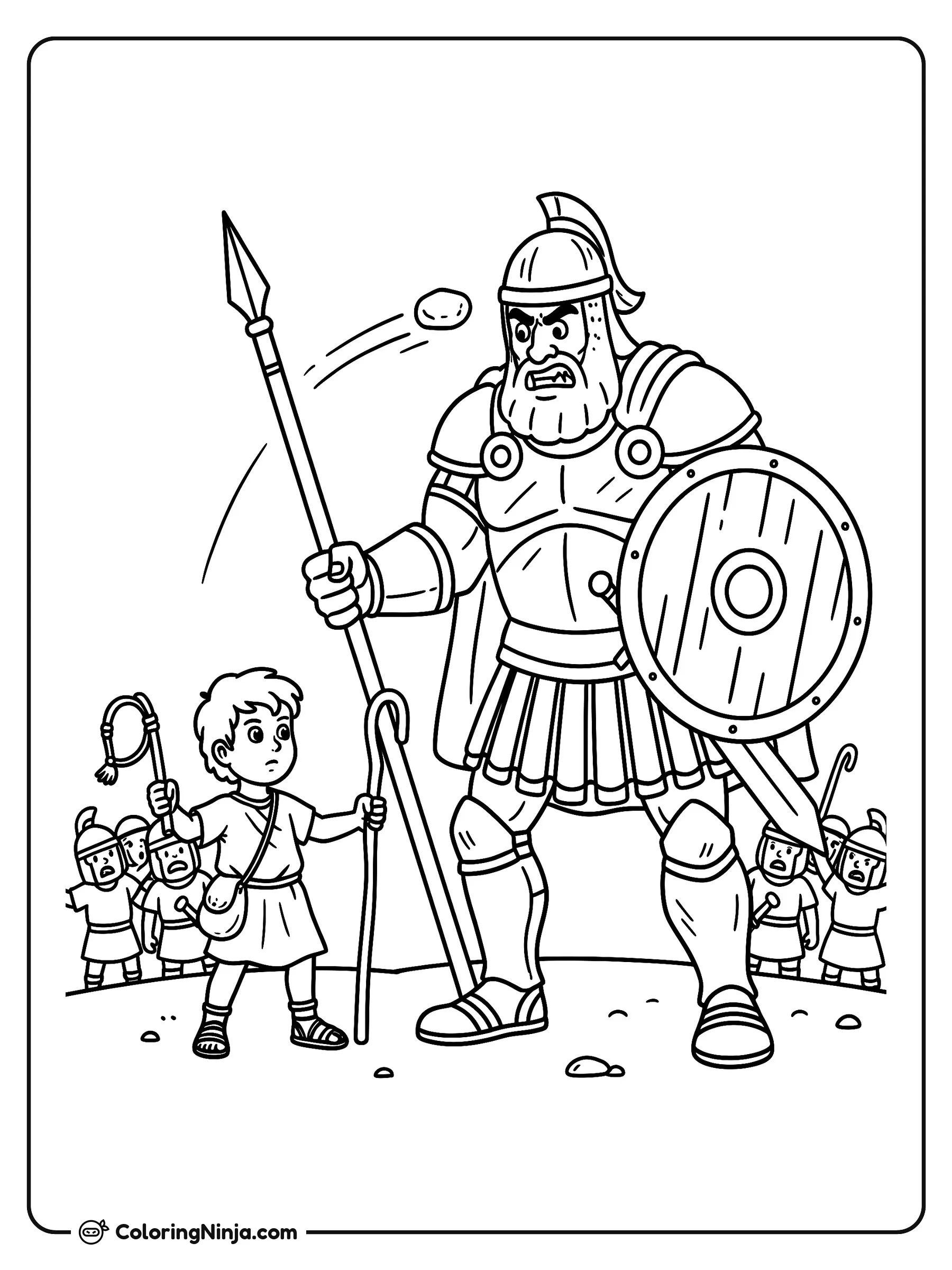 David Lanzando Piedra a Goliat, dibujo para colorear: Un niño valiente lanza una piedra con su honda hacia un enorme gigante armado con lanza y escudo. Al fondo, pequeños soldados observan con asombro el enfrentamiento.