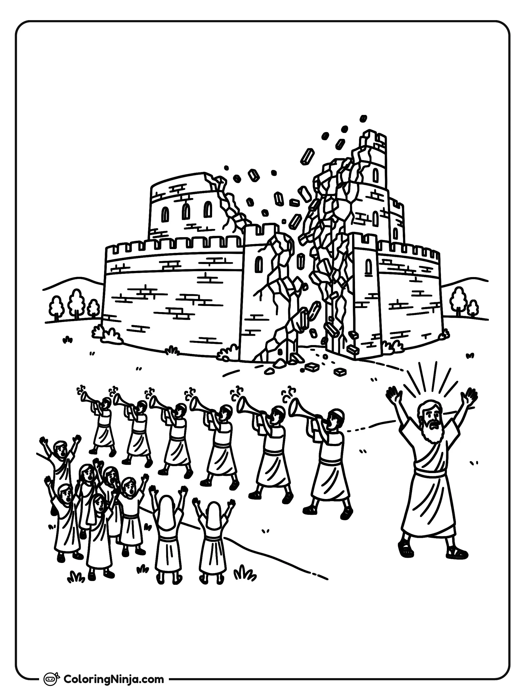 Derrumbe de las murallas de Jericó, dibujo para colorear: Un grupo de trompetistas toca sus instrumentos mientras los gigantescos muros de la ciudad se agrietan y caen en pedazos.