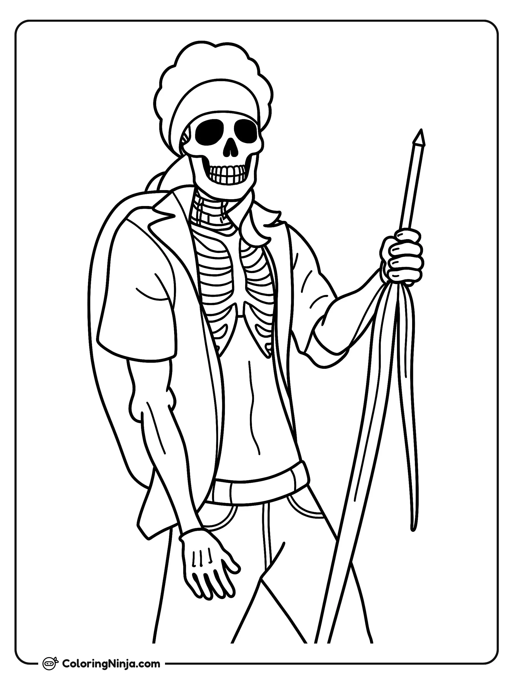 Esqueleto guerrero con una lanza, dibujo para colorear: Un esqueleto guerrero con turbante, chaqueta abierta y pantalones sostiene una larga lanza envuelta en tela. El personaje lleva un escudo a la espalda y muestra sus costillas y clavículas.