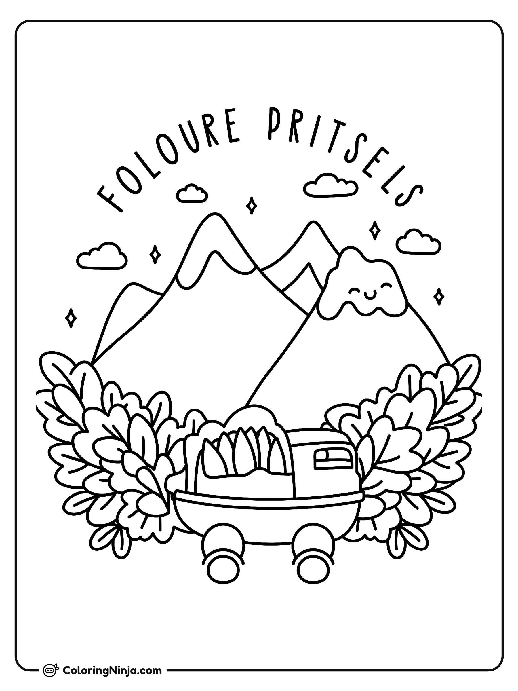 Paisaje de montañas con vehículo tierno: dibujo para colorear