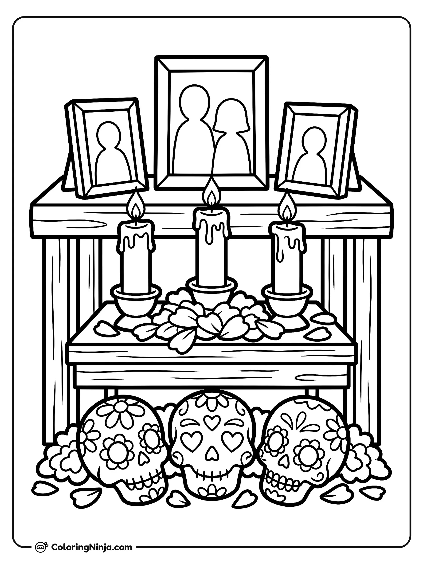 Candlelit Memorial Altar Coloring Page: This picture shows a cozy home altar arrangement centered around burning pillar candles of various heights and framed photo outlines.