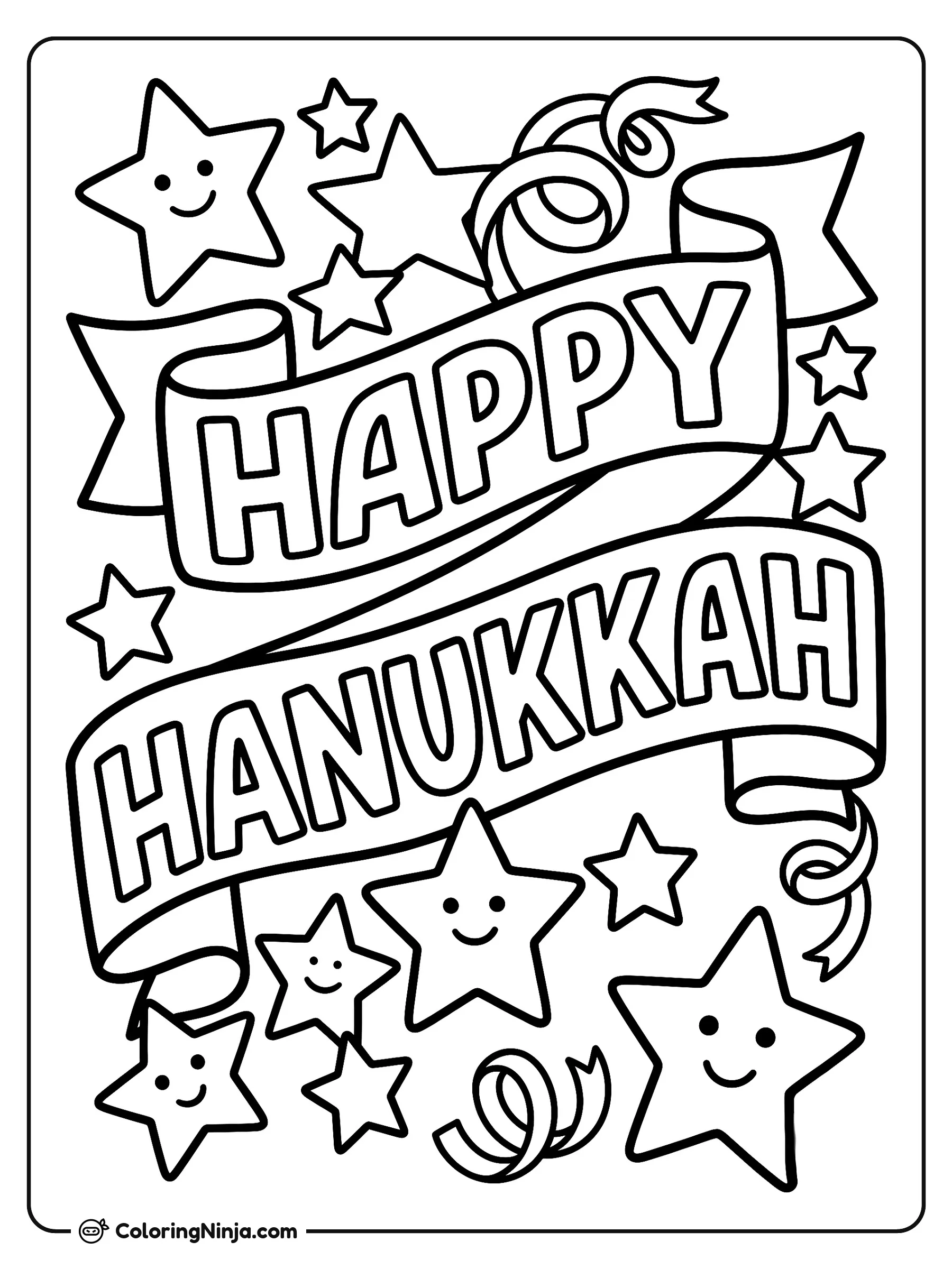 Happy Hanukkah Holiday Banner Coloring Page: Large double-outlined letters spell out HAPPY HANUKKAH across the middle of the page. Surrounding the text are flying ribbons, stars, and dreidels.