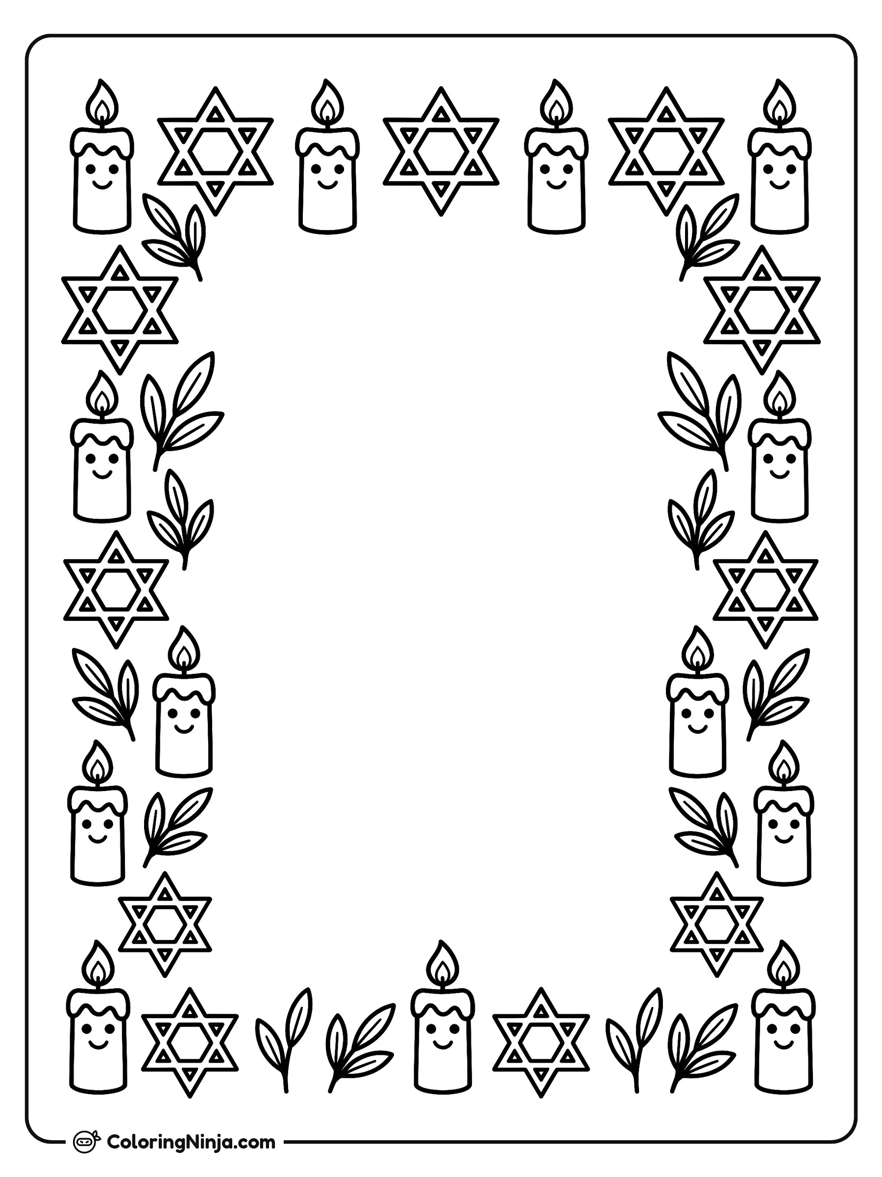 Hanukkah Candle and Star Border Coloring Page: A rectangular frame surrounding an open blank center space. The border consists of linked menorah candles, six-pointed stars, and leafy twigs.