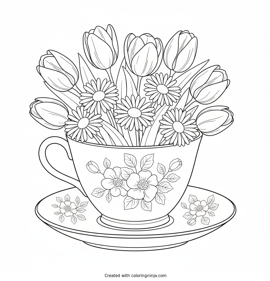 Blooms Inside a Cozy Teacup Coloring Page