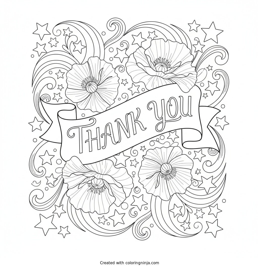 Stars Stripes and Poppies Banner Coloring Page
