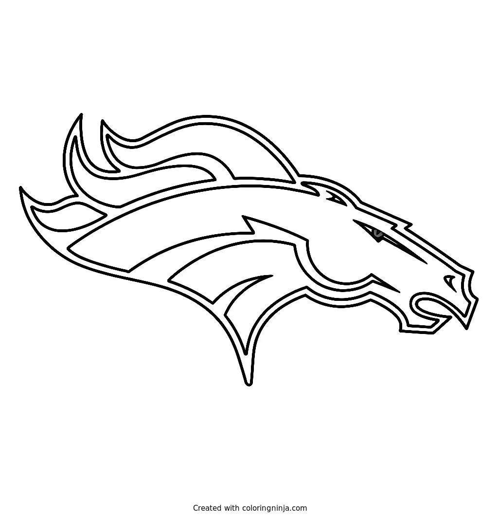 Logo oficial de Denver Broncos, dibujo para colorear: Esta ilustración muestra la cabeza de un caballo estilizado mirando hacia la derecha con una expresión decidida y una melena en movimiento.