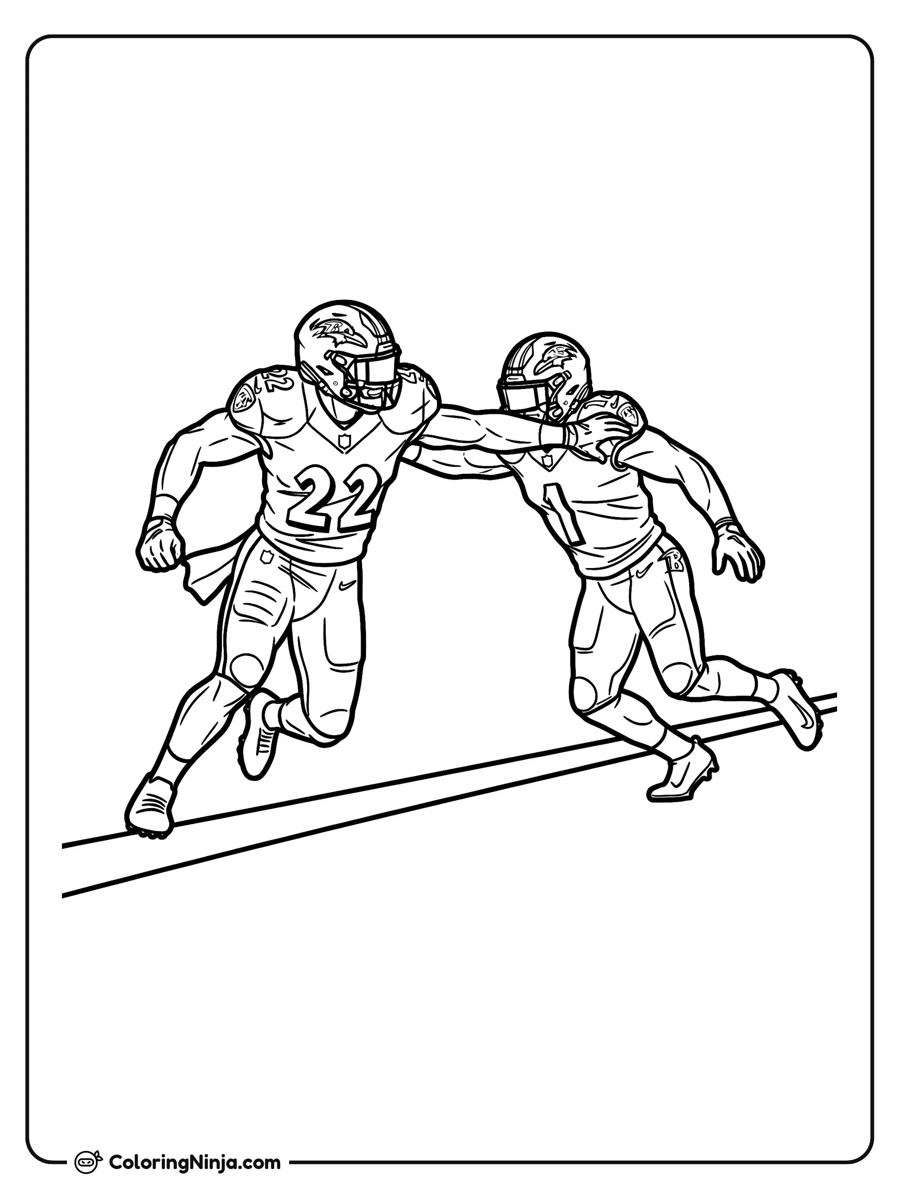 Derrick Henry corriendo con el balón, dibujo para colorear: La estrella del fútbol americano Derrick Henry avanza a toda velocidad por el campo mientras aleja a un defensor con su potente brazo.