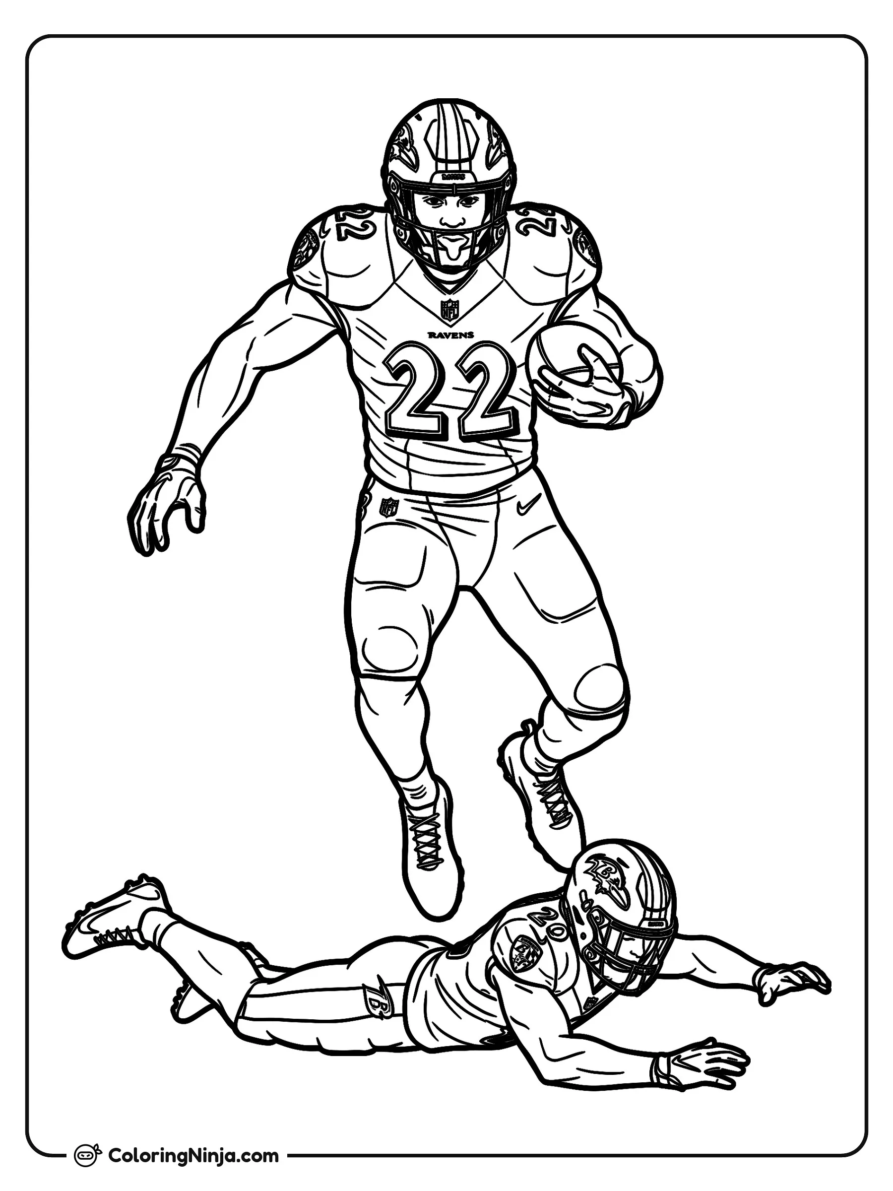 Derrick Henry saltando a un defensor, dibujo para colorear: Derrick Henry salta por los aires sujetando un balón de fútbol americano mientras lleva su casco y el uniforme con el número 22.