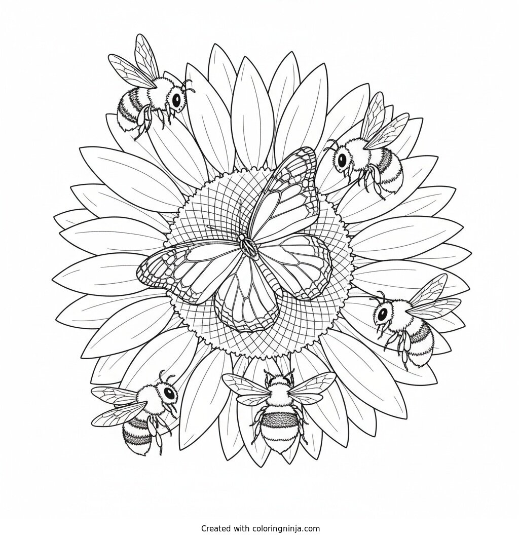 Spring Butterfly on a Sunflower Coloring Page