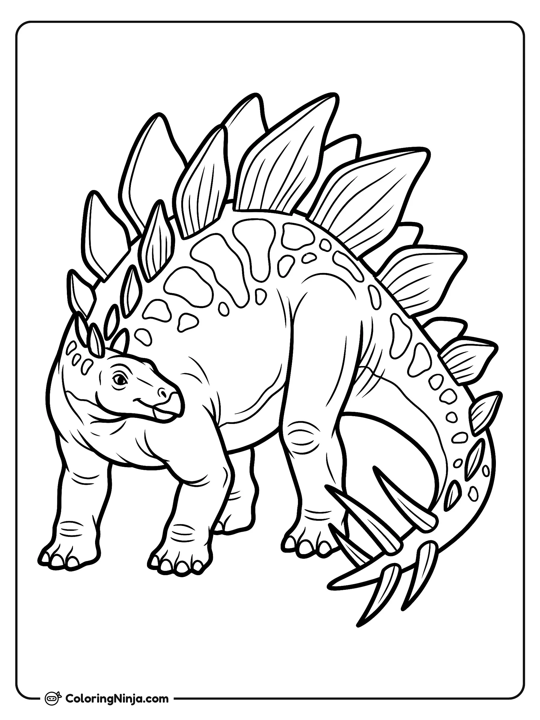 Dinosaurio detallado con espinas en la cola, dibujo para colorear: Un dinosaurio detallado con picos largos en la cola mira hacia atrás mientras se mantiene erguido.