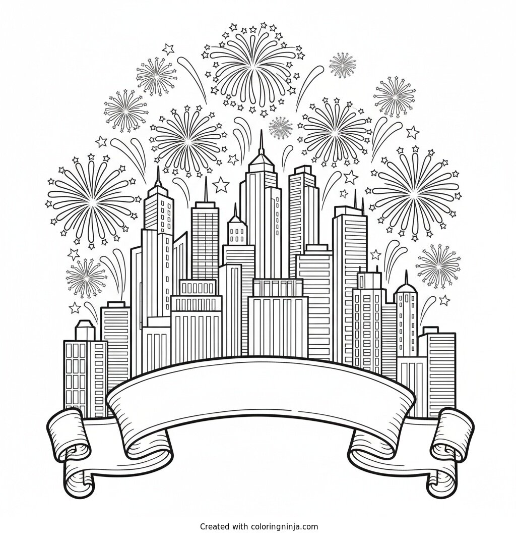 Midnight City Fireworks Display Coloring Page