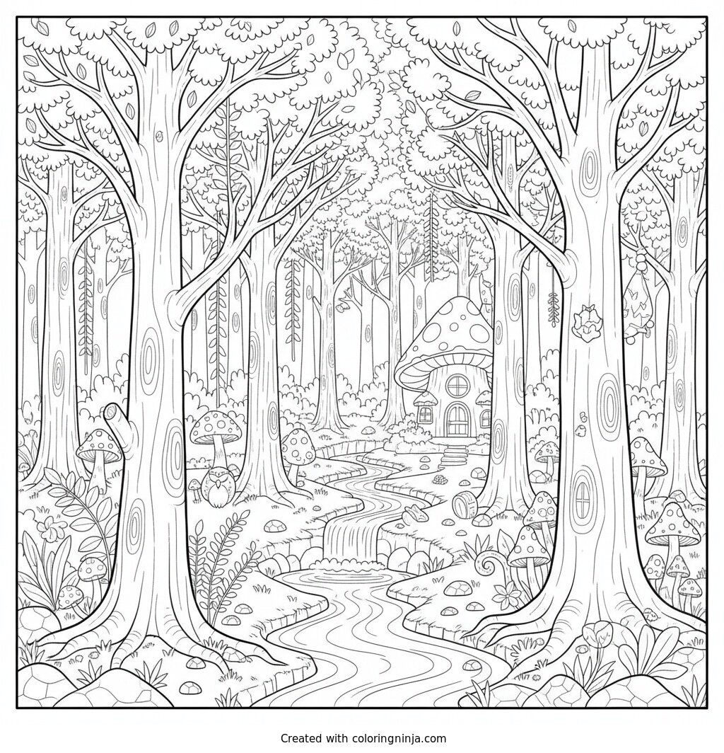 A Detailed Forest With Trees Coloring Page