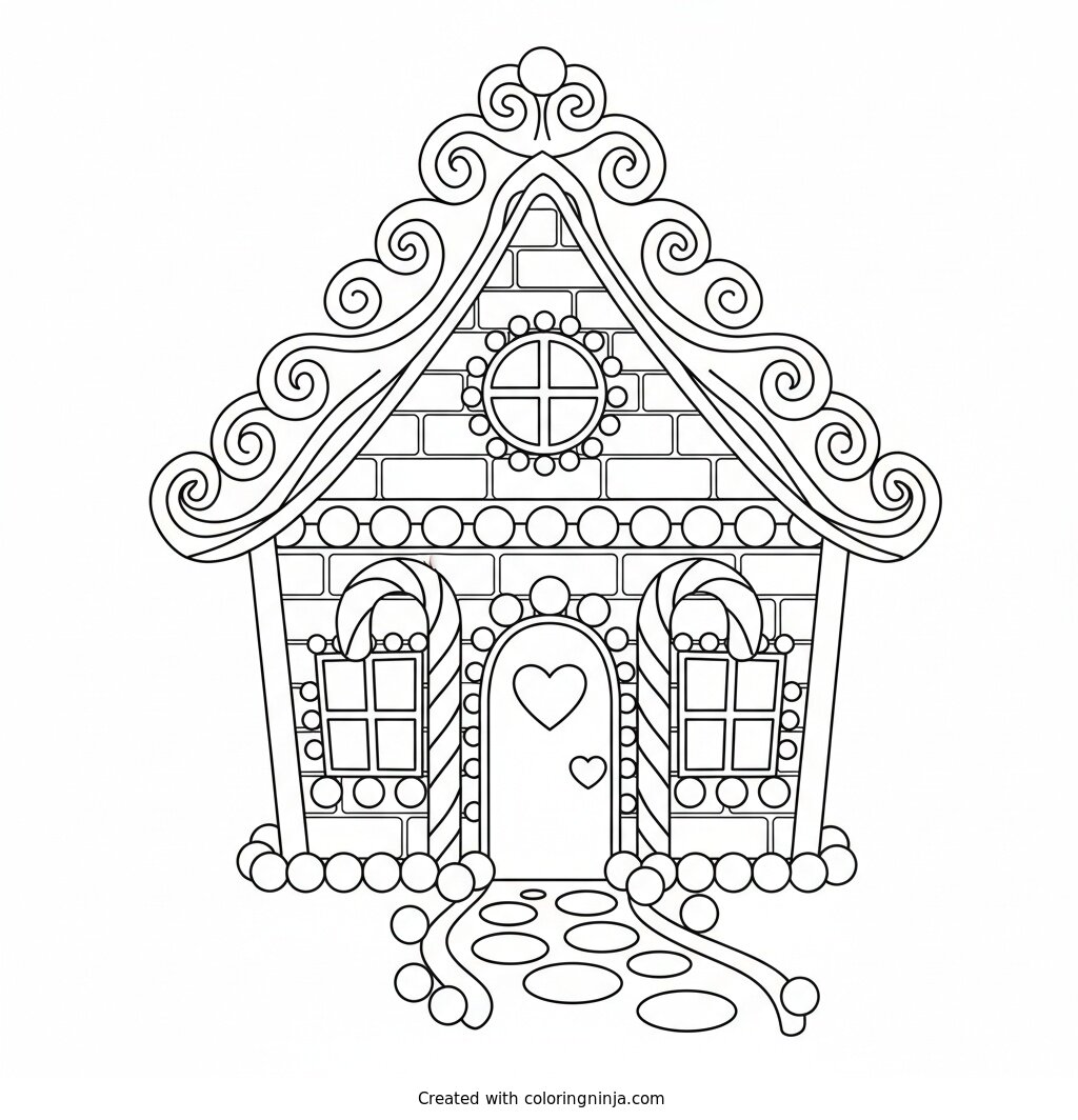 Sweet Gingerbread House Scene Coloring Page