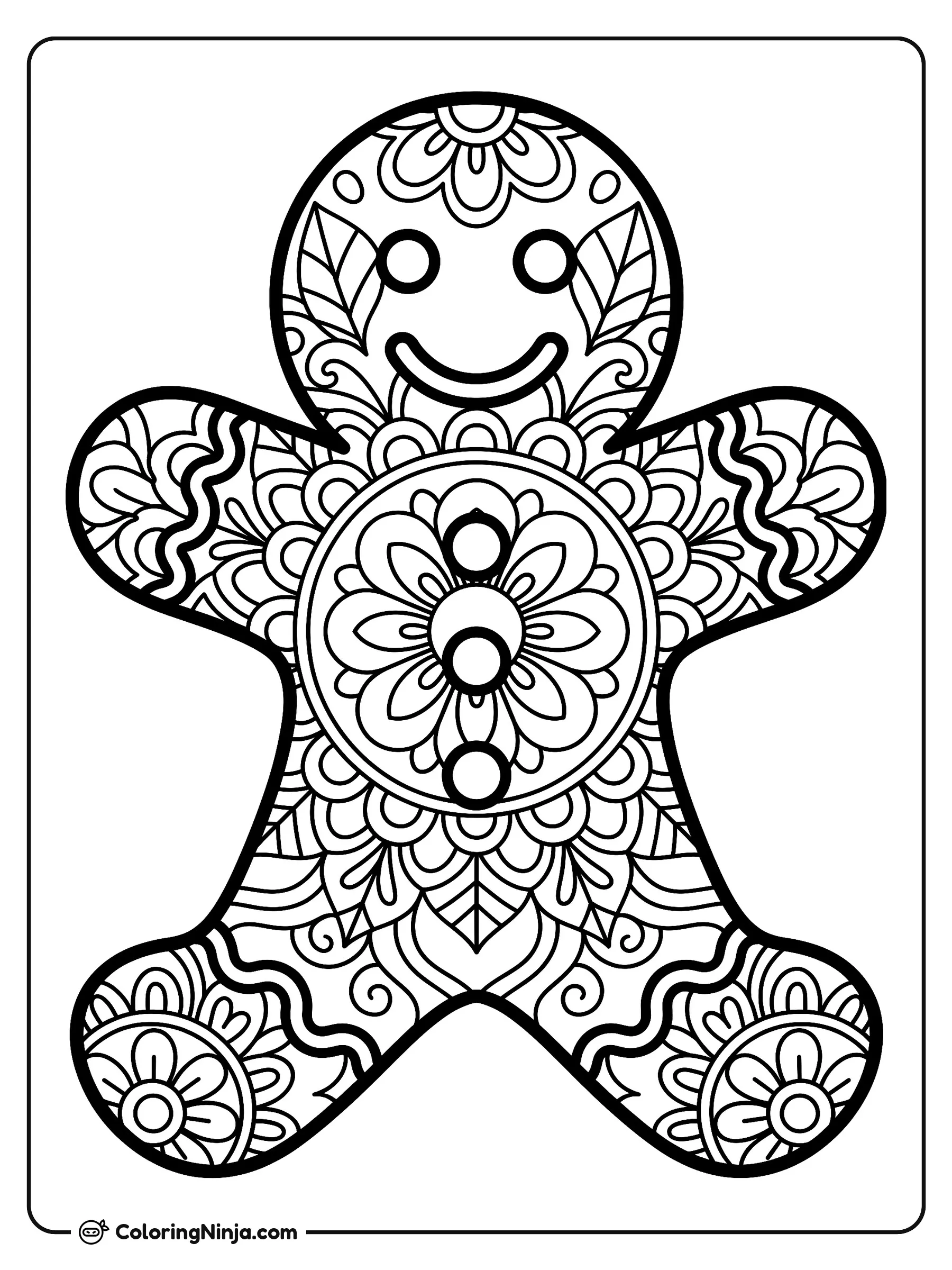 Intricate Gingerbread Mandala Art Coloring Page: This page shows a single gingerbread man filled completely with detailed mandala patterns, tiny dots, and swirling lacework icing.