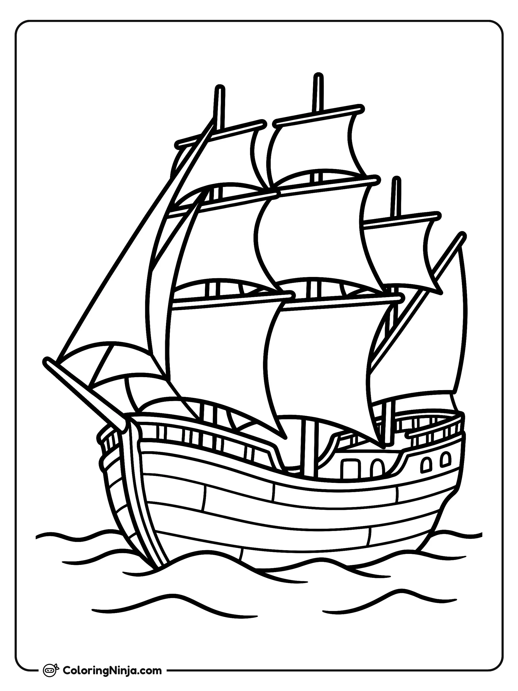 Historic Ship on Seas Coloring Page: This page displays a detailed wooden ship navigating calm sea waters, showing wood grain textures, ropes, and multi-layered sails. The sky has light outline clouds.