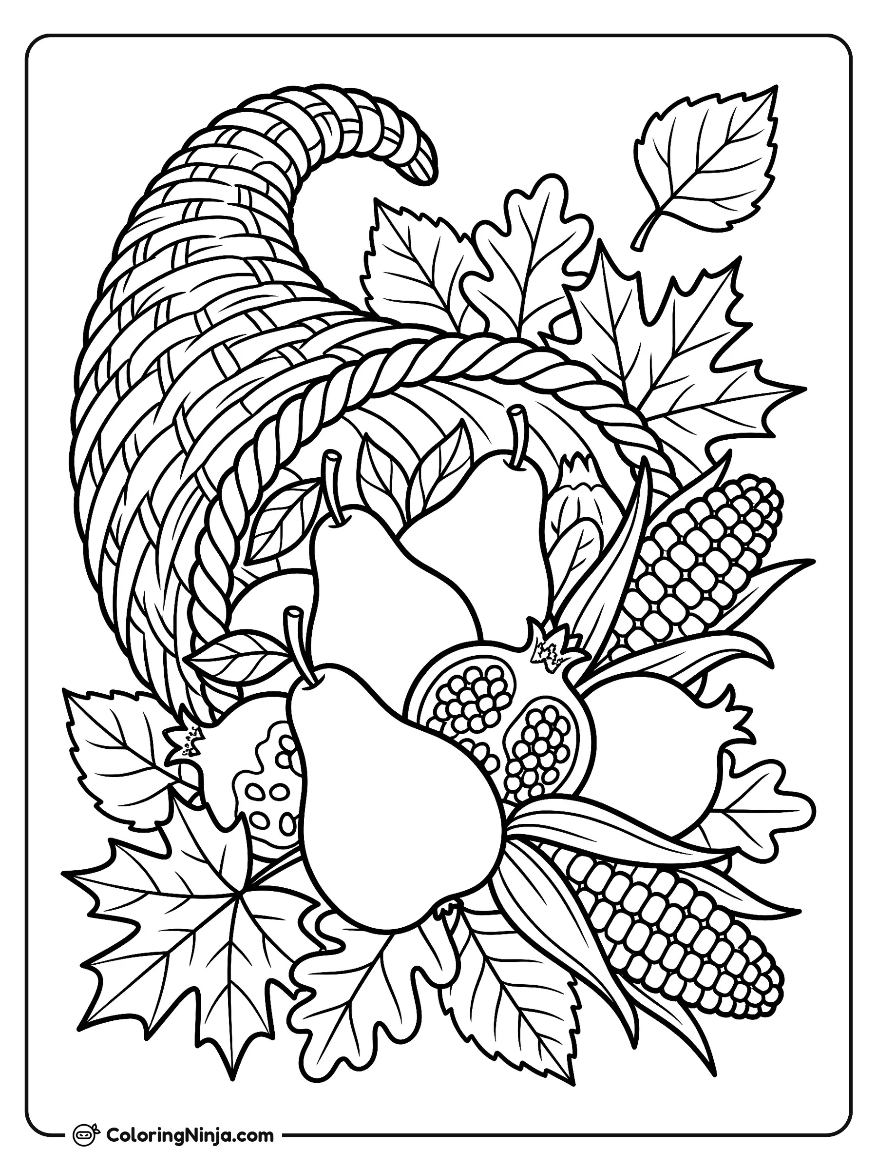 Cornucopia de la Abundancia de Cosecha, dibujo para colorear: Esta ilustración muestra una clásica cornucopia rebosante de peras, granadas, mazorcas de maíz y hojas de otoño.
