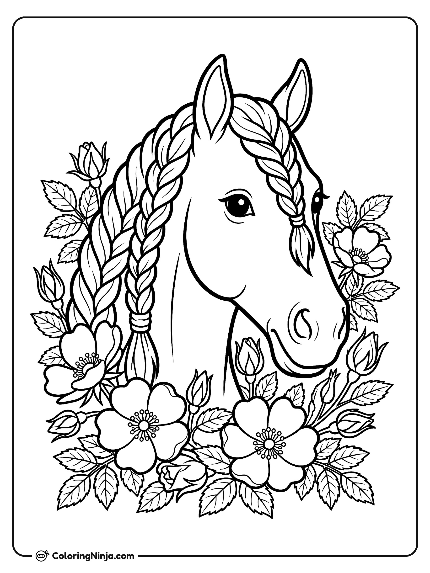 Majestic Horse and Wild Roses Coloring Page
