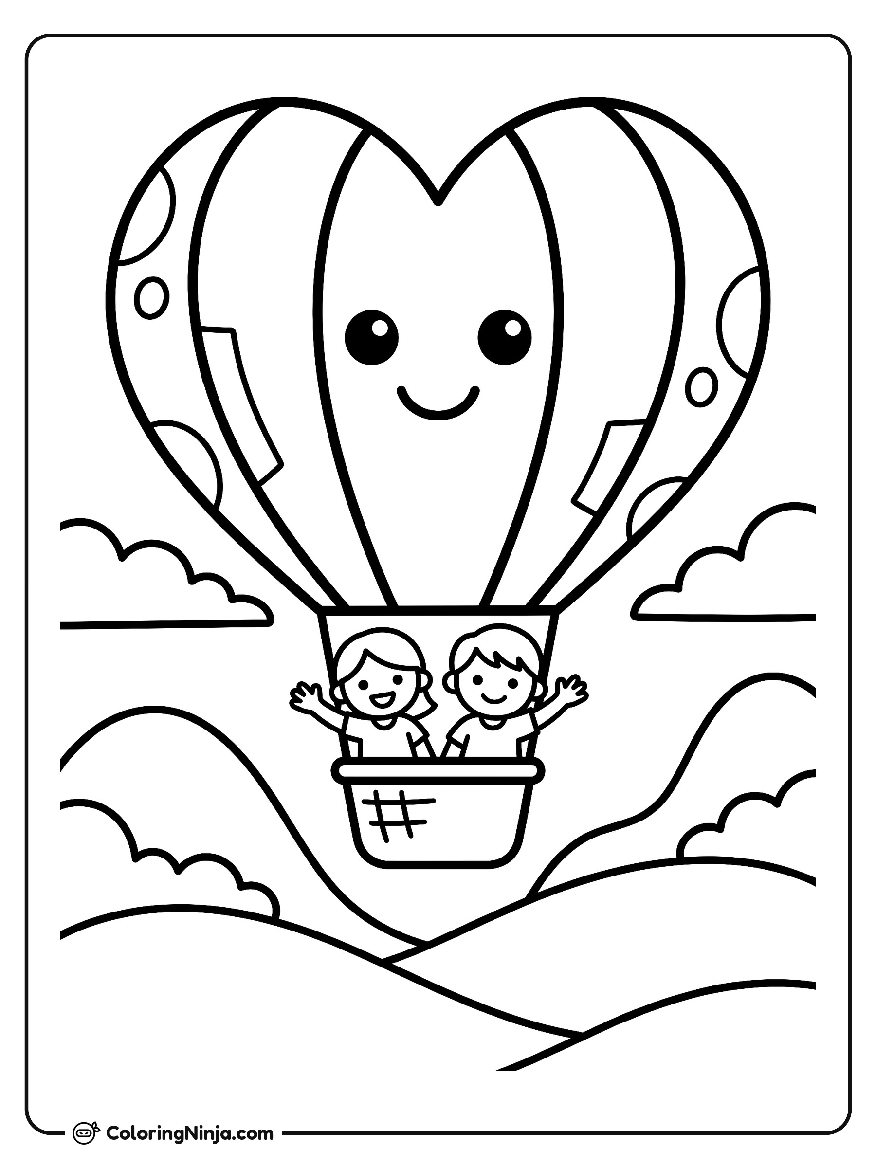 Globo en forma de corazón sobre colinas: dibujo para colorear
