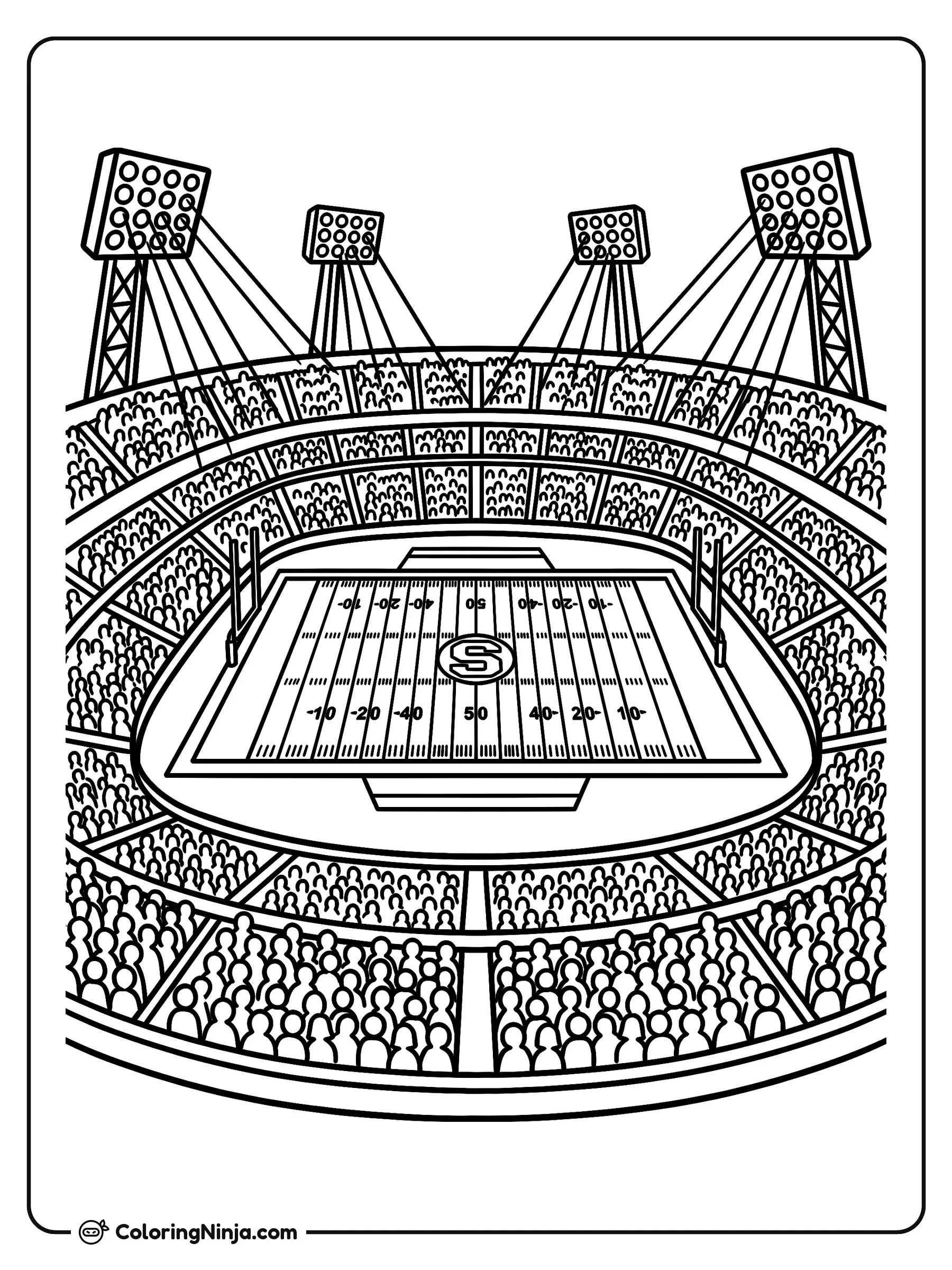 Estadio de fútbol americano iluminado, dibujo para colorear: Un estadio repleto rodea un campo de fútbol americano marcado con líneas de yardas, porterías y potentes reflectores en las alturas.