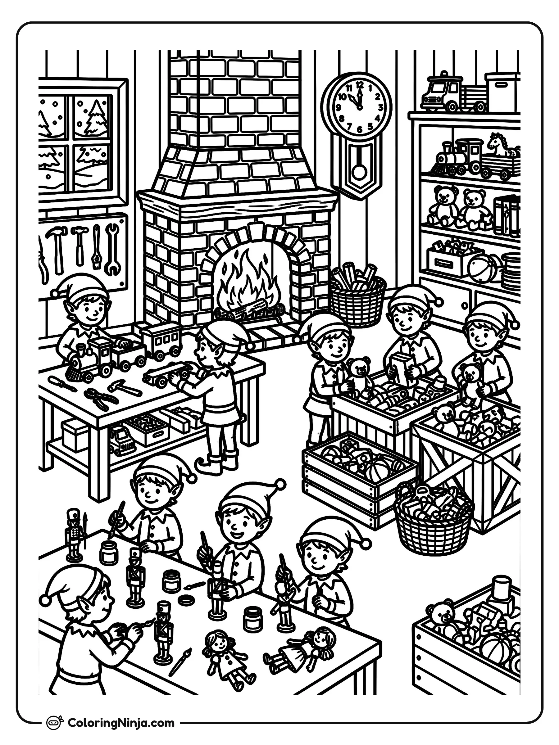 Busy Holiday Toy Workshop Coloring Page: A highly detailed scene shows several elves busy working throughout a large wooden workshop.