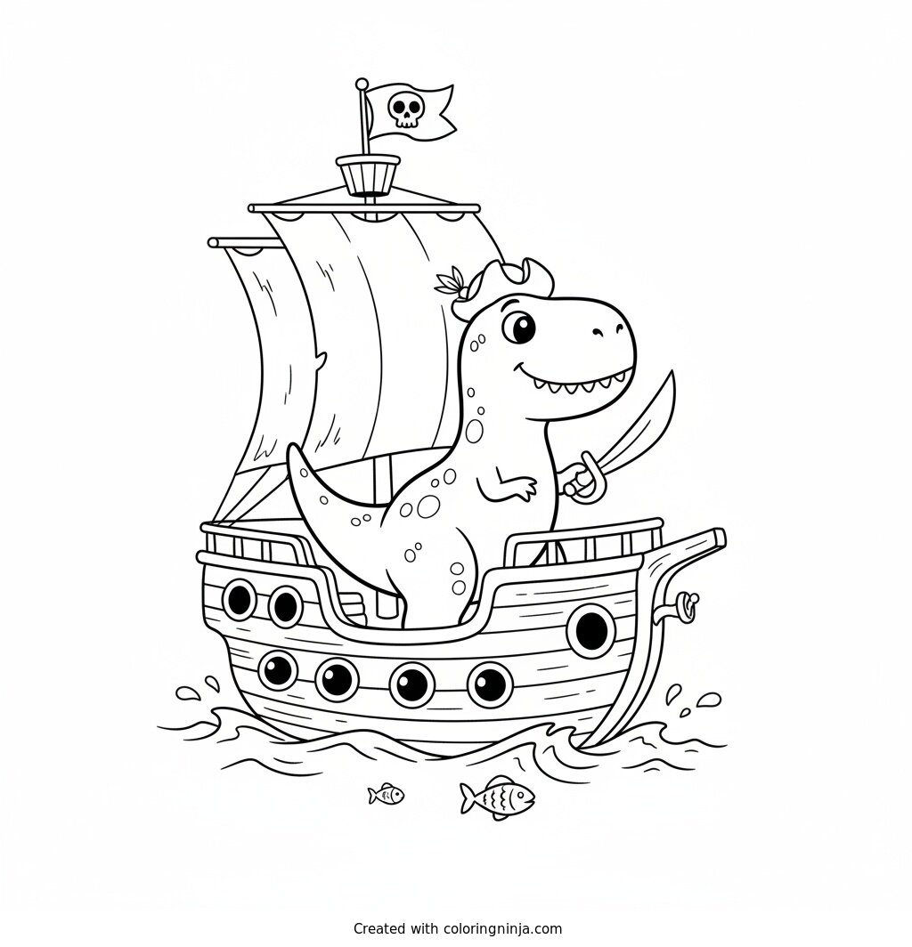 A coloring page of Dinosaur riding a pirate ship 