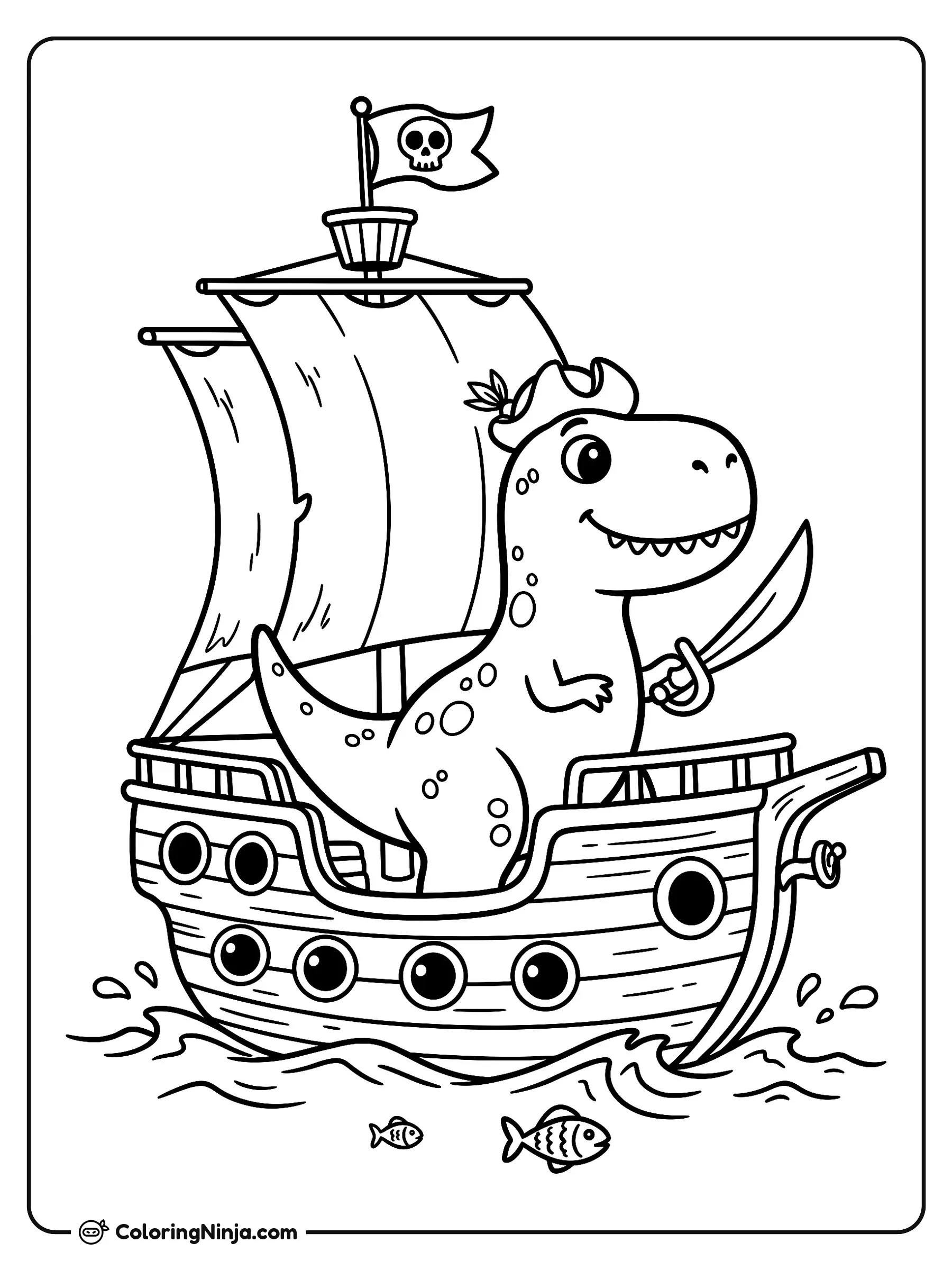 Dinosaurio pirata en un barco, dibujo para colorear: Un amigable dinosaurio navega en un barco pirata mientras usa un sombrero y sostiene una espada.