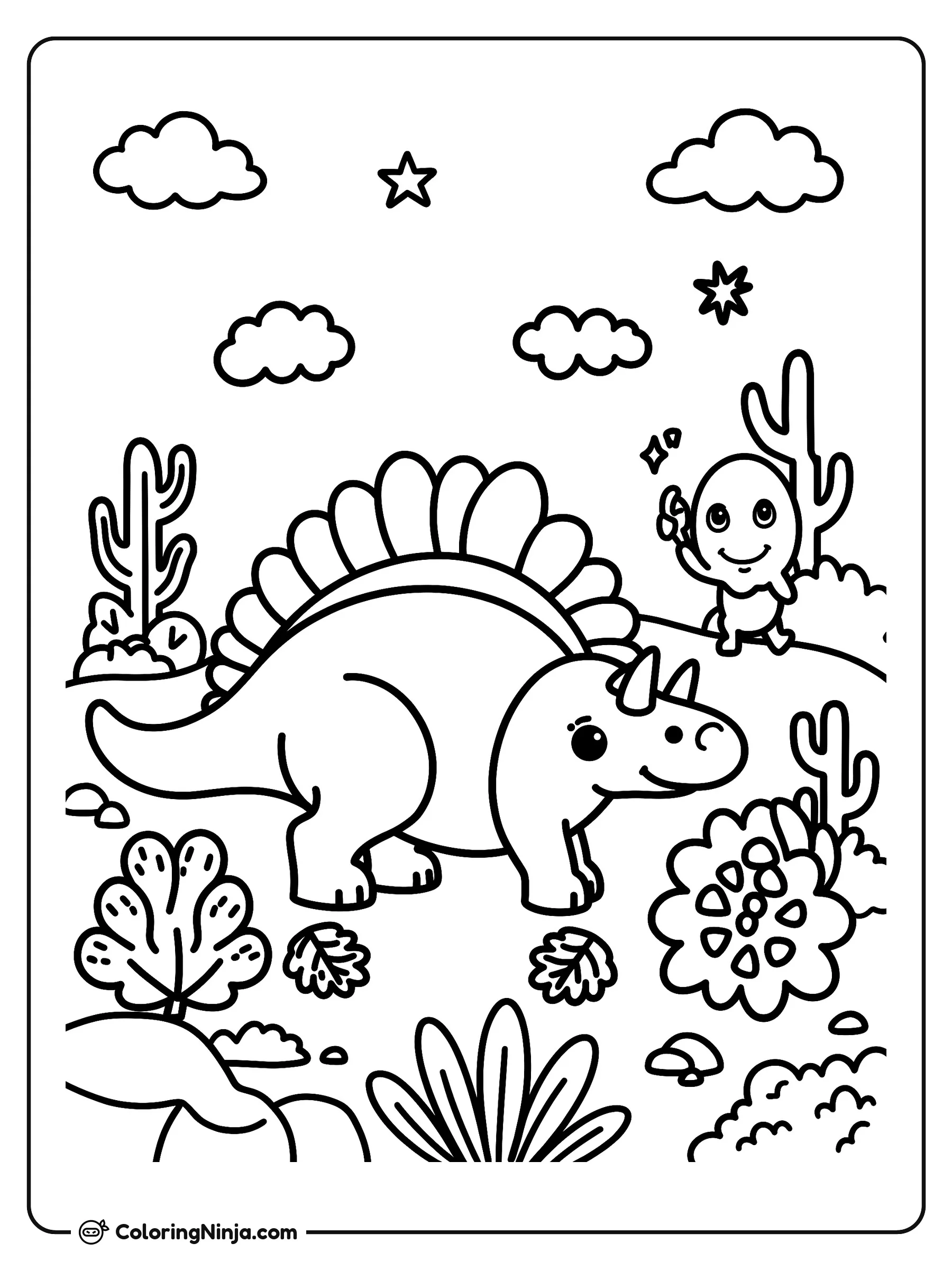Dinosaurios tiernos en el desierto, dibujo para colorear: Un adorable dinosaurio con cuernos explora un paisaje desértico lleno de cactus, plantas y rocas.