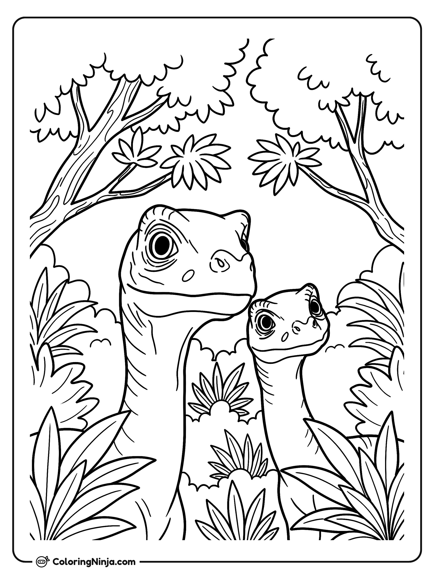 Dinosaurios de cuello largo en la selva: dibujo para colorear