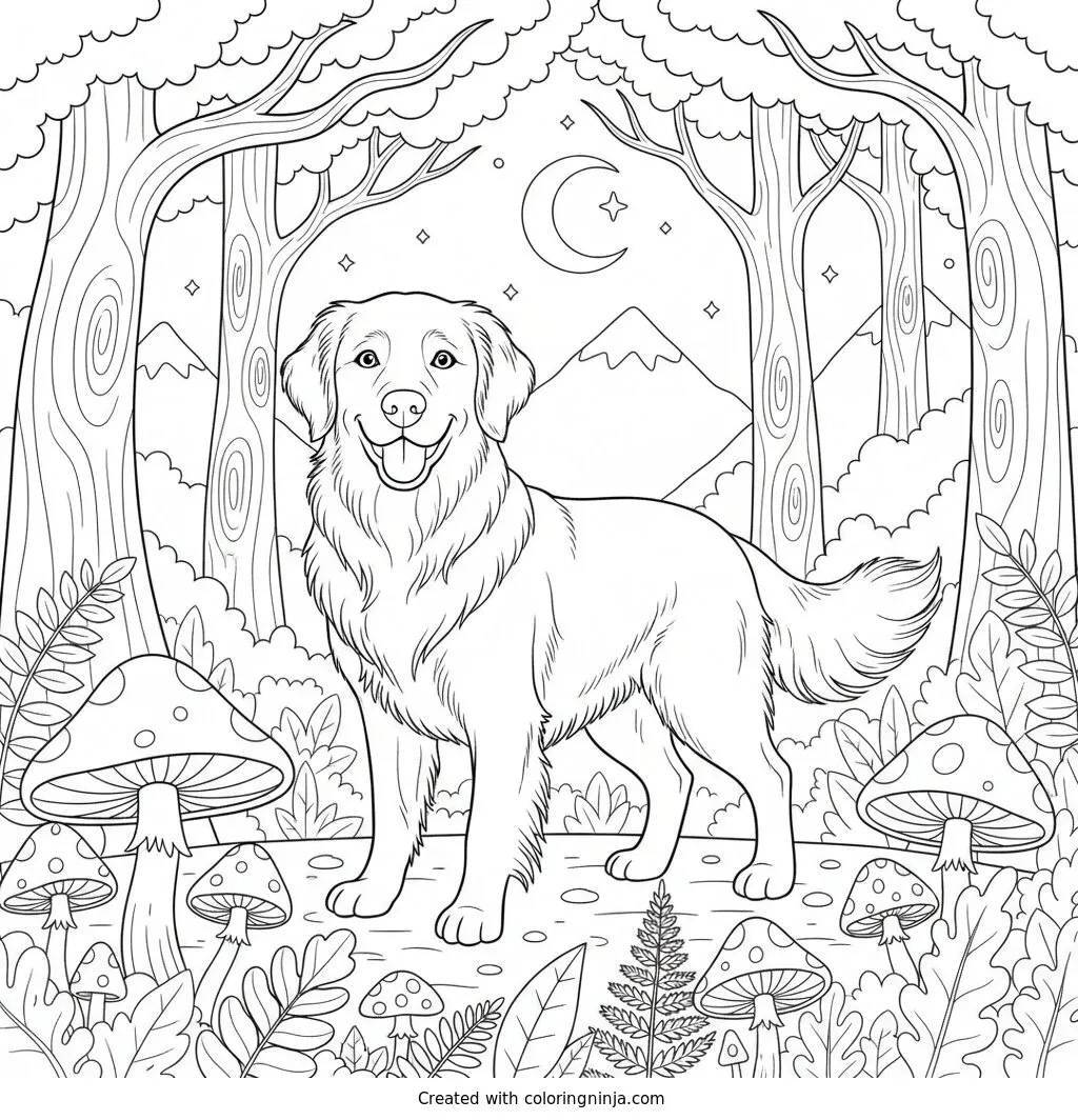 A Dog In A Forest Coloring Page: A dog stands inside a beautiful, detailed forest. Lush trees, plants, and natural scenery surround the dog as it explores the woodland setting.
