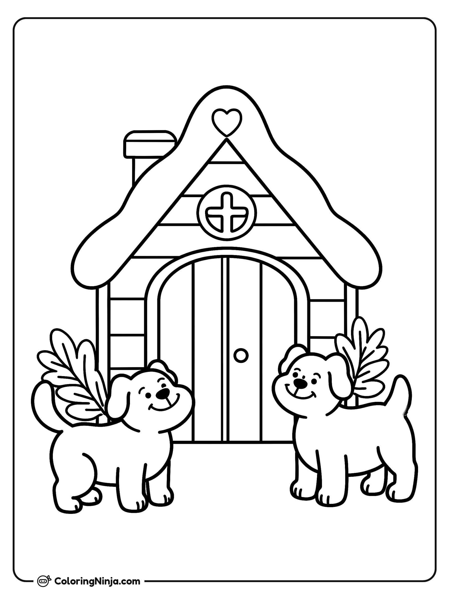Casa de perros con perritos: dibujo para colorear
