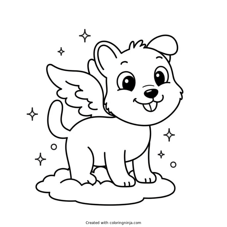 A coloring page of a dog with wings