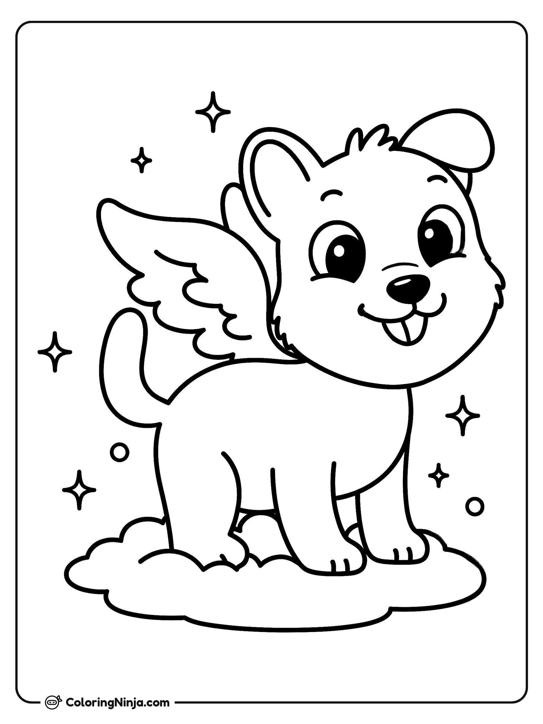 Perro alegre con alas sobre una nube: dibujo para colorear