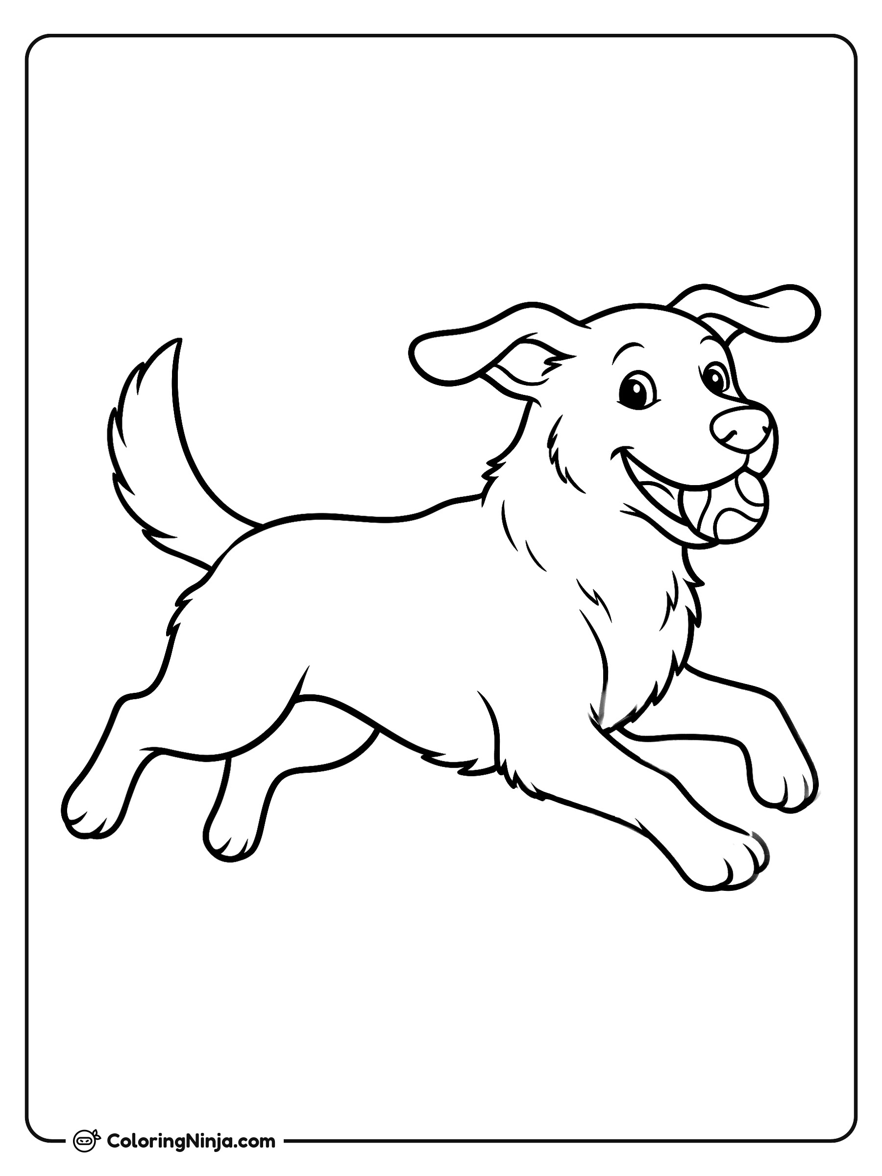 Perro alegre corriendo con una pelota: dibujo para colorear