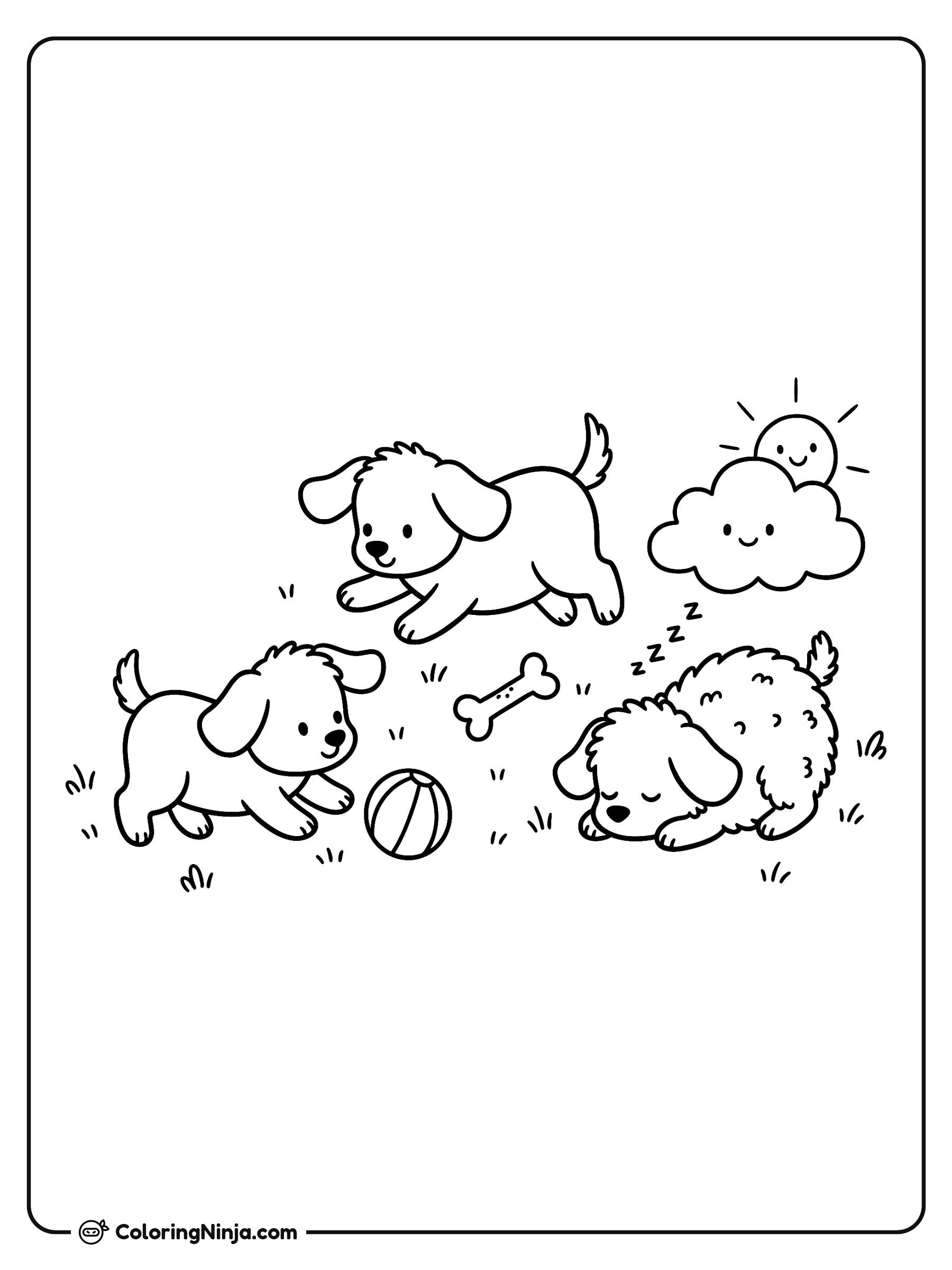 Perritos juguetones en el pasto: dibujo para colorear