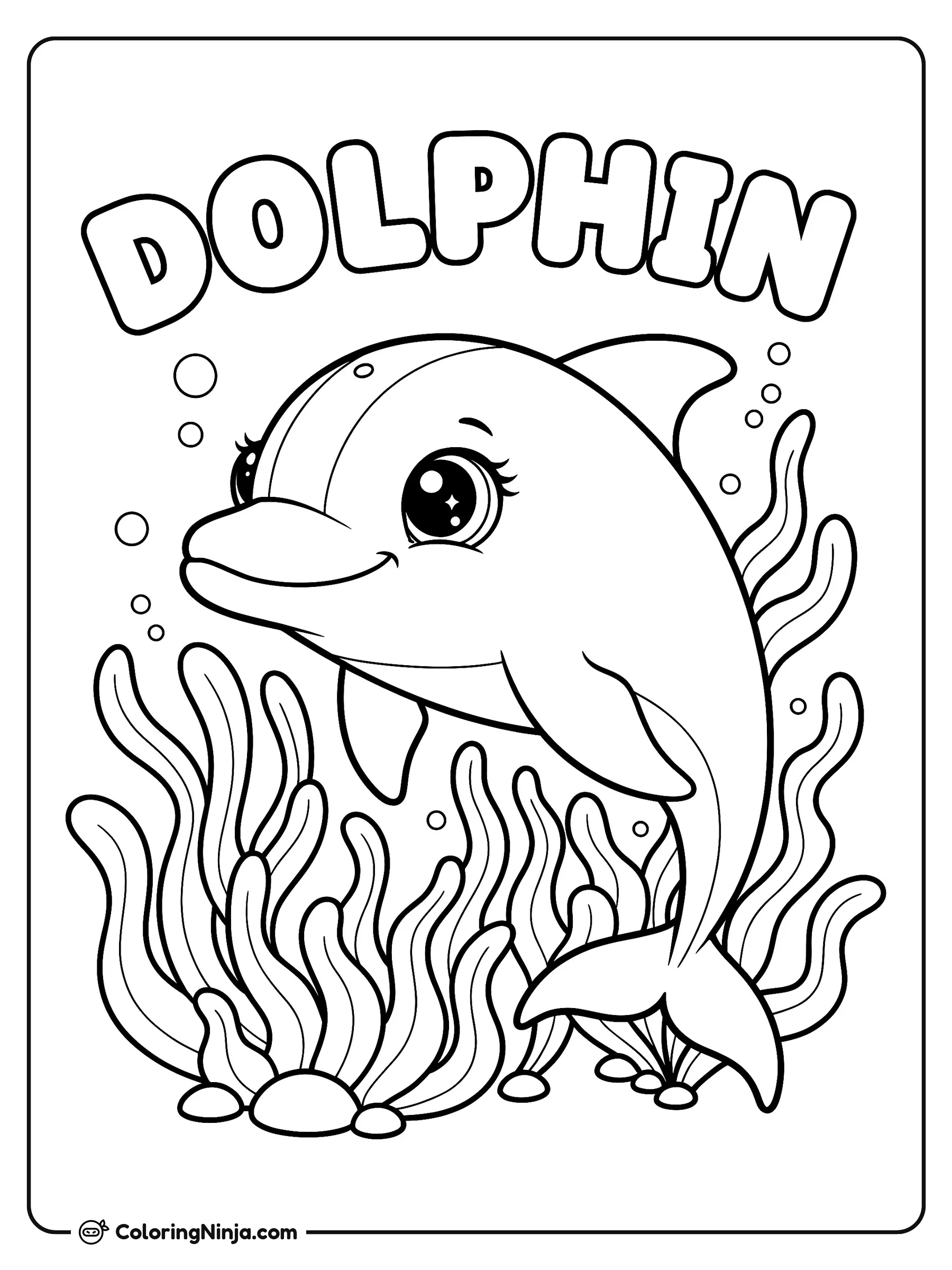 A Dolphin with Big Sparkly Eyes Coloring Page: A dolphin with big sparkly eyes smiles happily as it swims underwater above a bed of tall sea plants and small rocks.