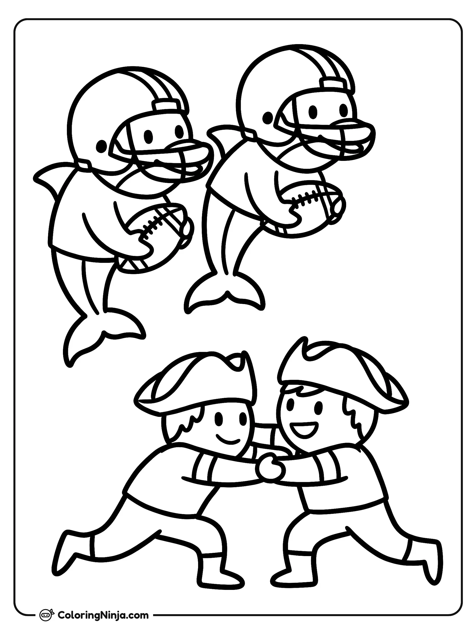Dolphins contra Patriots estilo caricatura, dibujo para colorear: Dos tiernos delfines con cascos y balones de fútbol americano saltan por el aire sobre dos simpáticos Patriots.