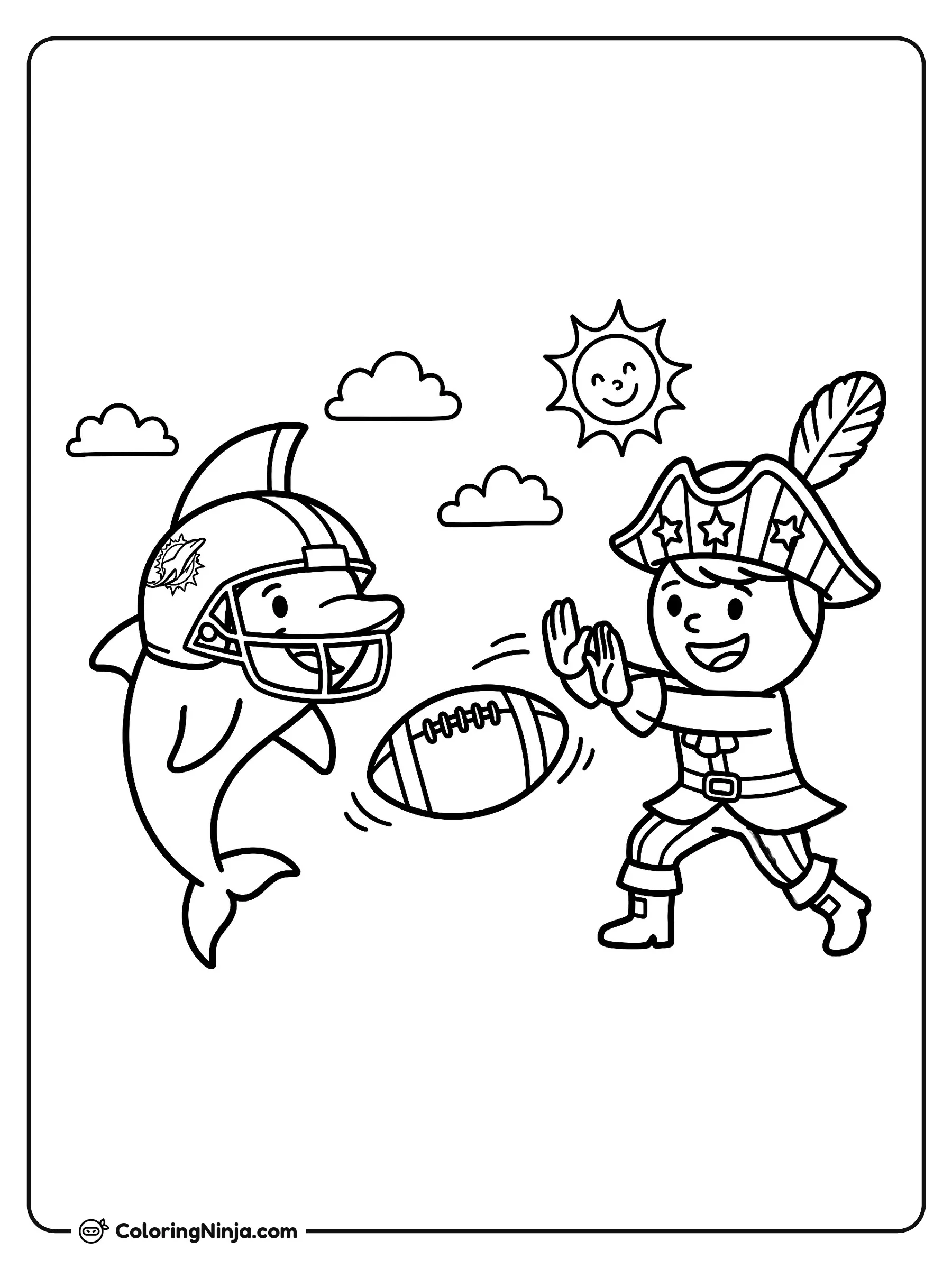 Dolphins contra Patriots, dibujo para colorear: Un divertido delfín con casco de fútbol americano le lanza el balón a un simpático patriota bajo un sol sonriente. Ambos personajes juegan juntos al aire libre rodeados de nubes esponjosas.