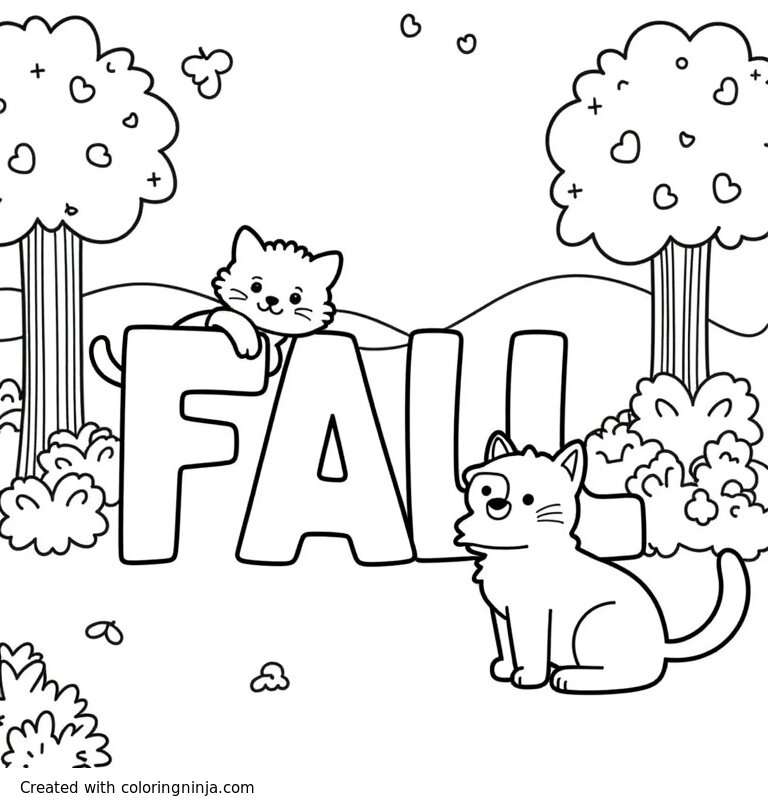 A coloring page of A doodle style cat and dog playing hide and seek around giant letters in a park