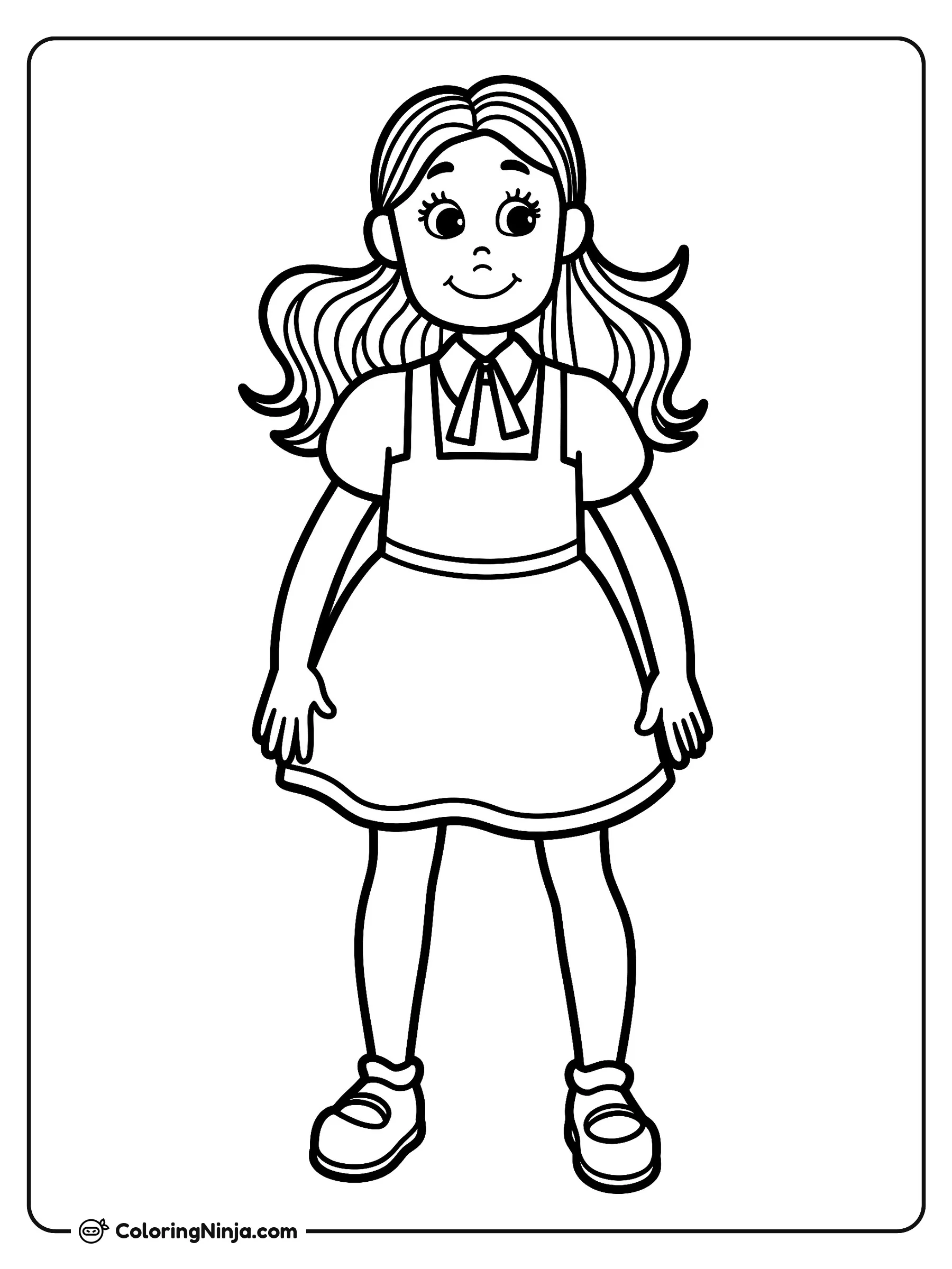 Dorothy del Mago de Oz, dibujo para colorear: Dorothy del Mago de Oz posa con una sonrisa amigable, lista para comenzar una gran aventura. Lleva su clásico vestido con blusa de cuello, un lazo de listón y zapatos sencillos.