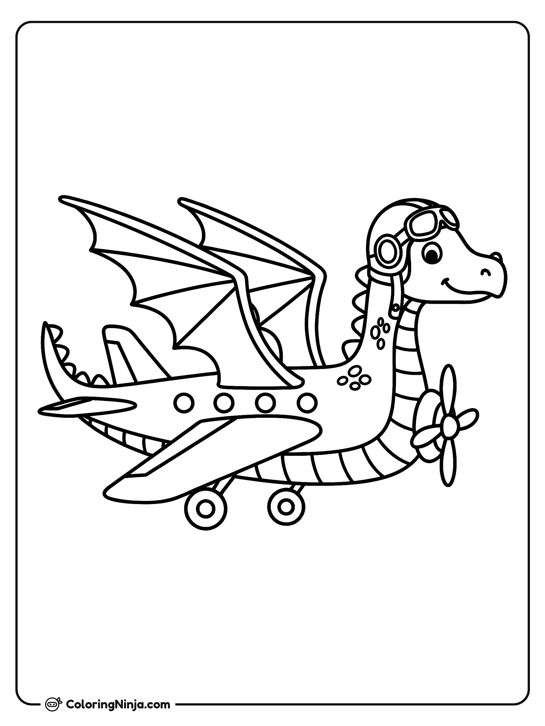 Dragón Avión con Casco de Aviador, dibujo para colorear: Un amigable dragón fusionado con un avión sonríe mientras lleva un casco de aviador clásico con gafas de protección.
