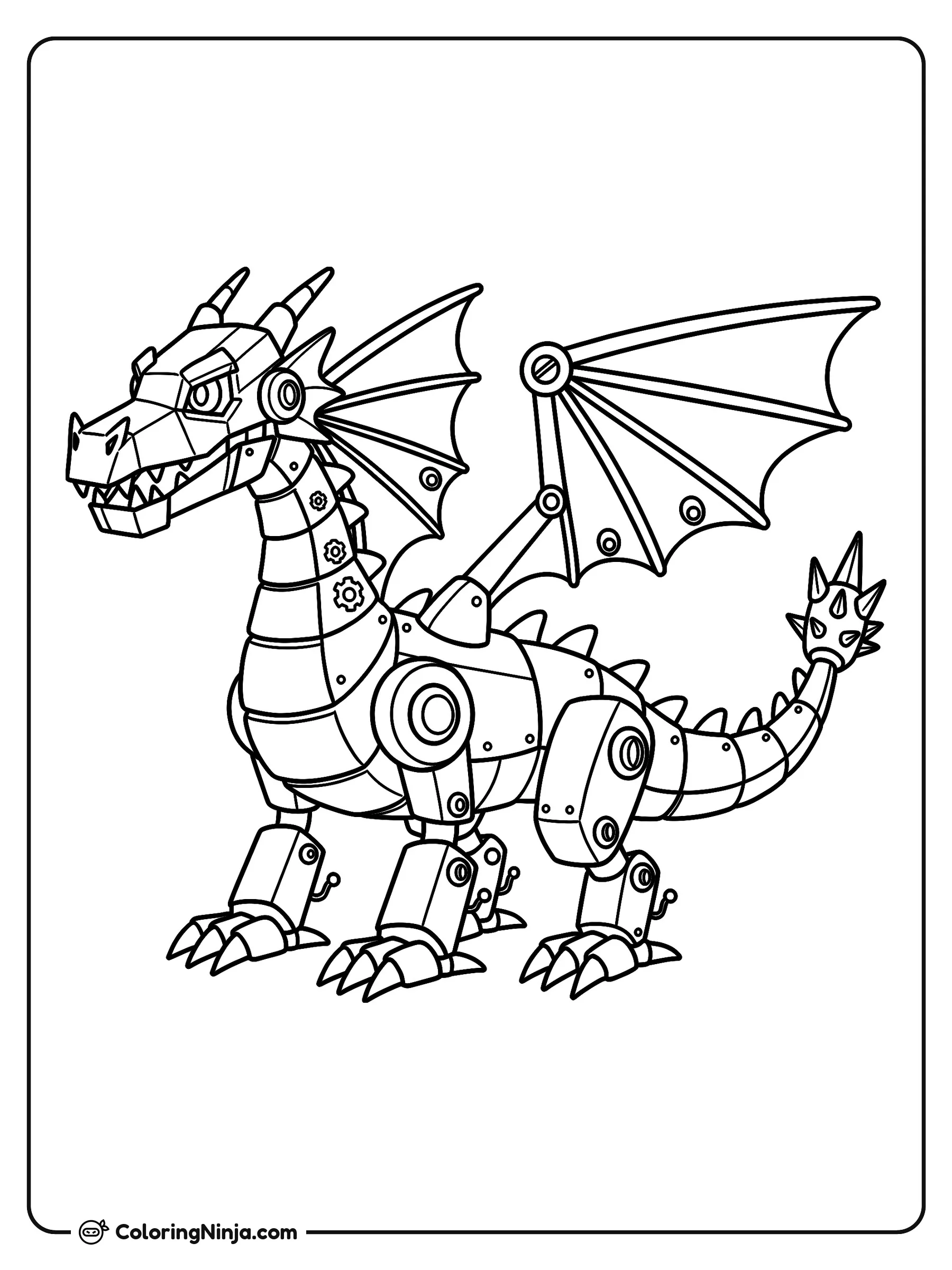Dragón combinado con un robot, dibujo para colorear: Un increíble dragón robótico se apoya sobre sus cuatro patas, luciendo armadura mecánica, engranajes en el cuello y alas metálicas desplegadas.