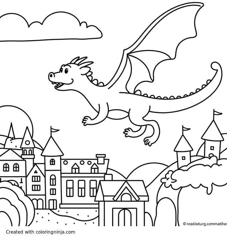 A coloring page of a dragon flying over a medieval city