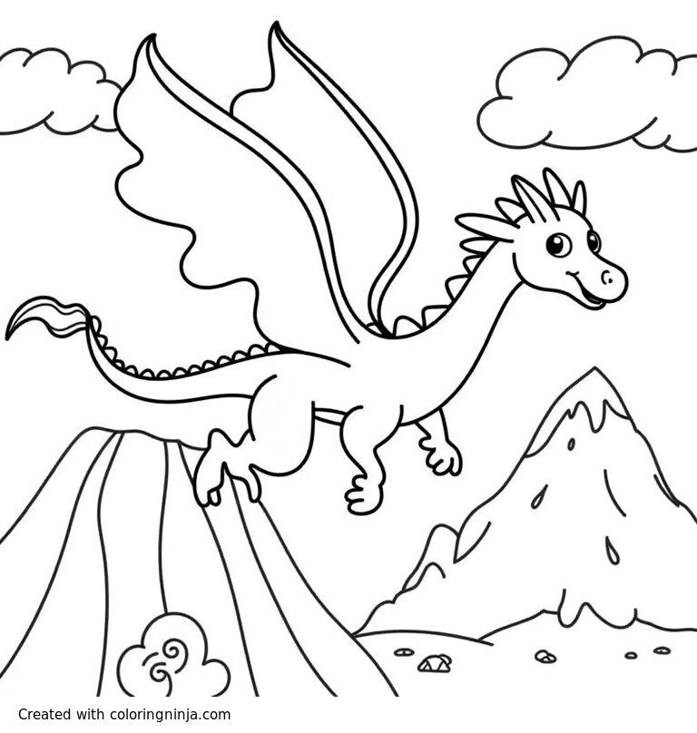 A coloring page of A dragon flying over the mountain