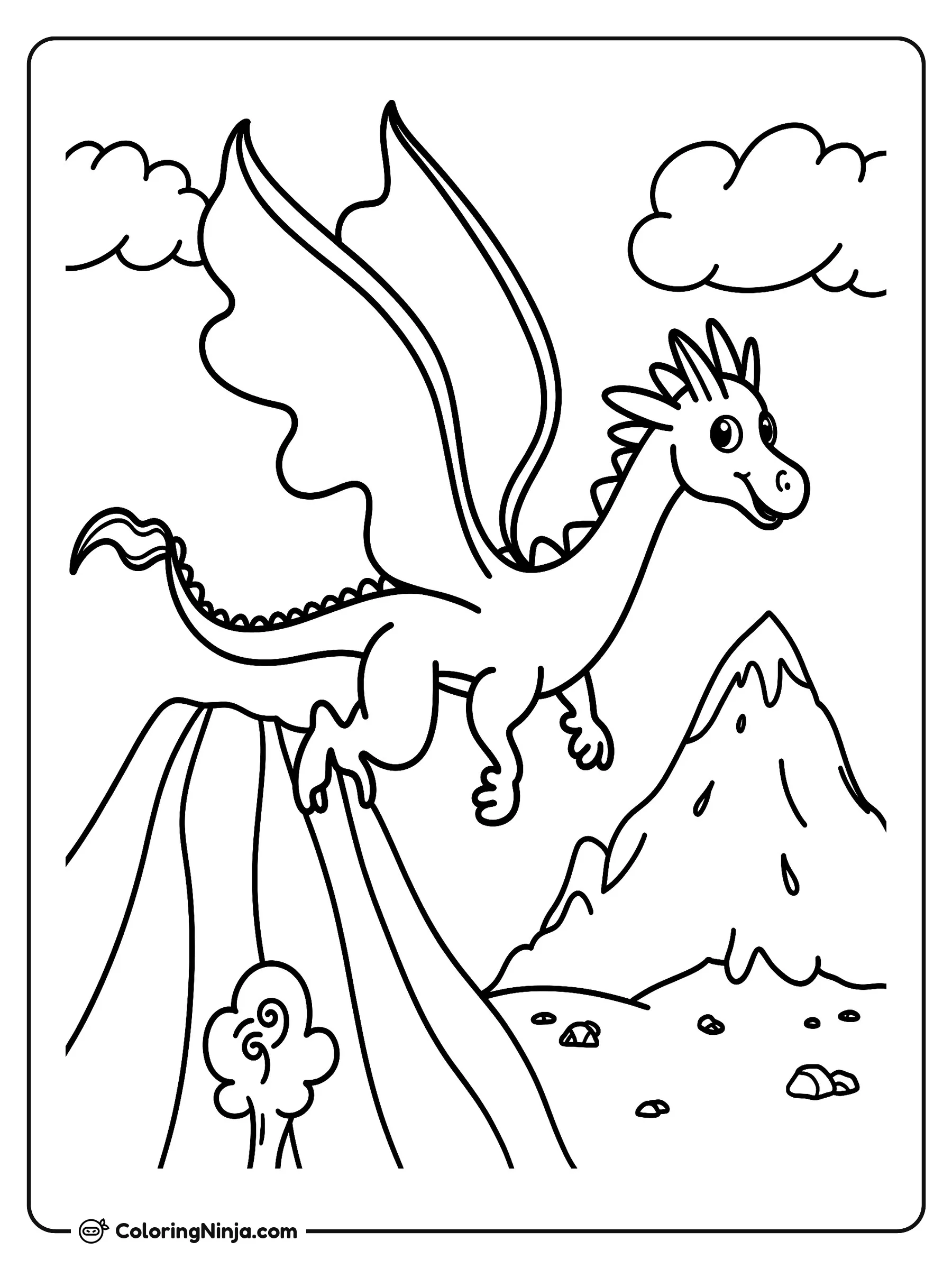 Un dragón volando sobre la montaña, dibujo para colorear: Un amigable dragón vuela por el cielo con sus grandes alas extendidas. Debajo de la criatura se observan altas montañas y esponjosas nubes flotando en el paisaje.