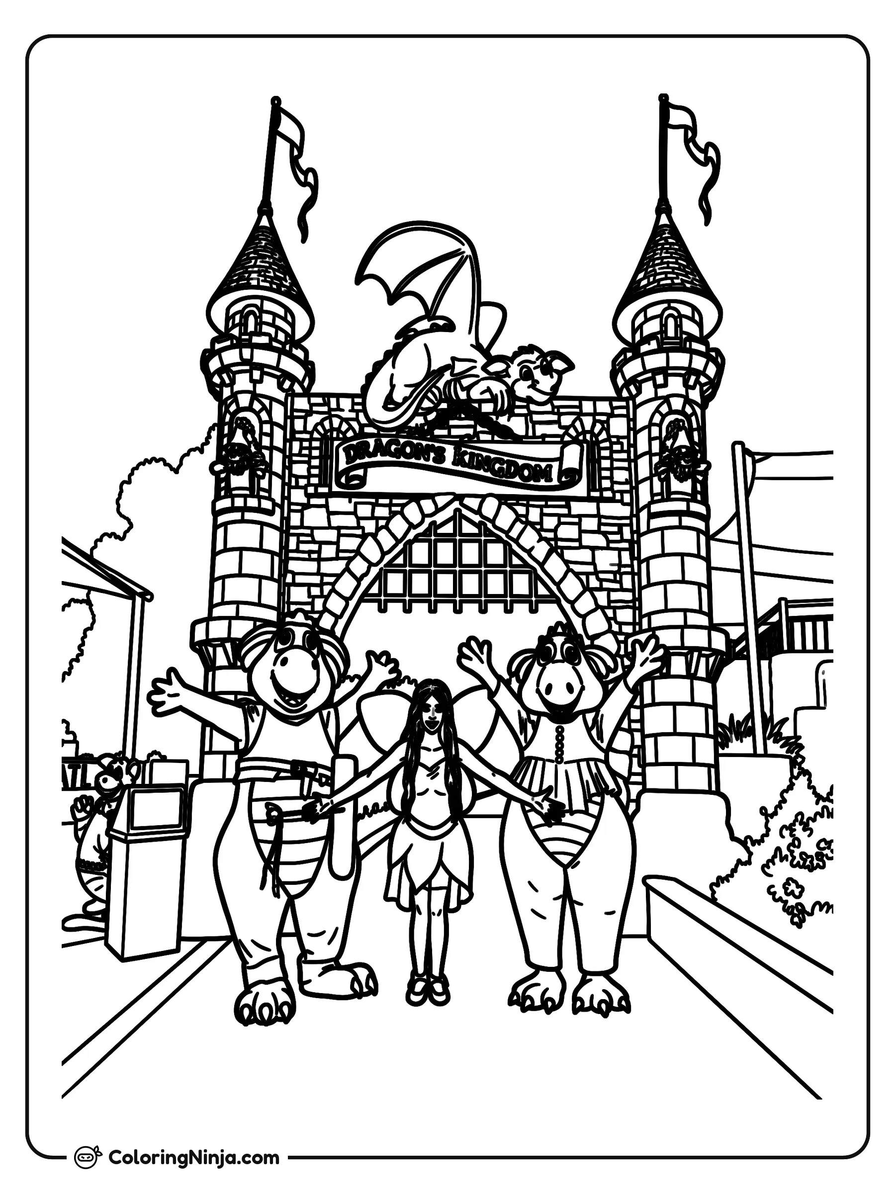 Dragon Kingdom Fairy and Mascots Coloring Page: A fairy stands with outstretched arms between two dragon mascots in front of a stone castle entrance marked with a Dragon's Kingdom sign.