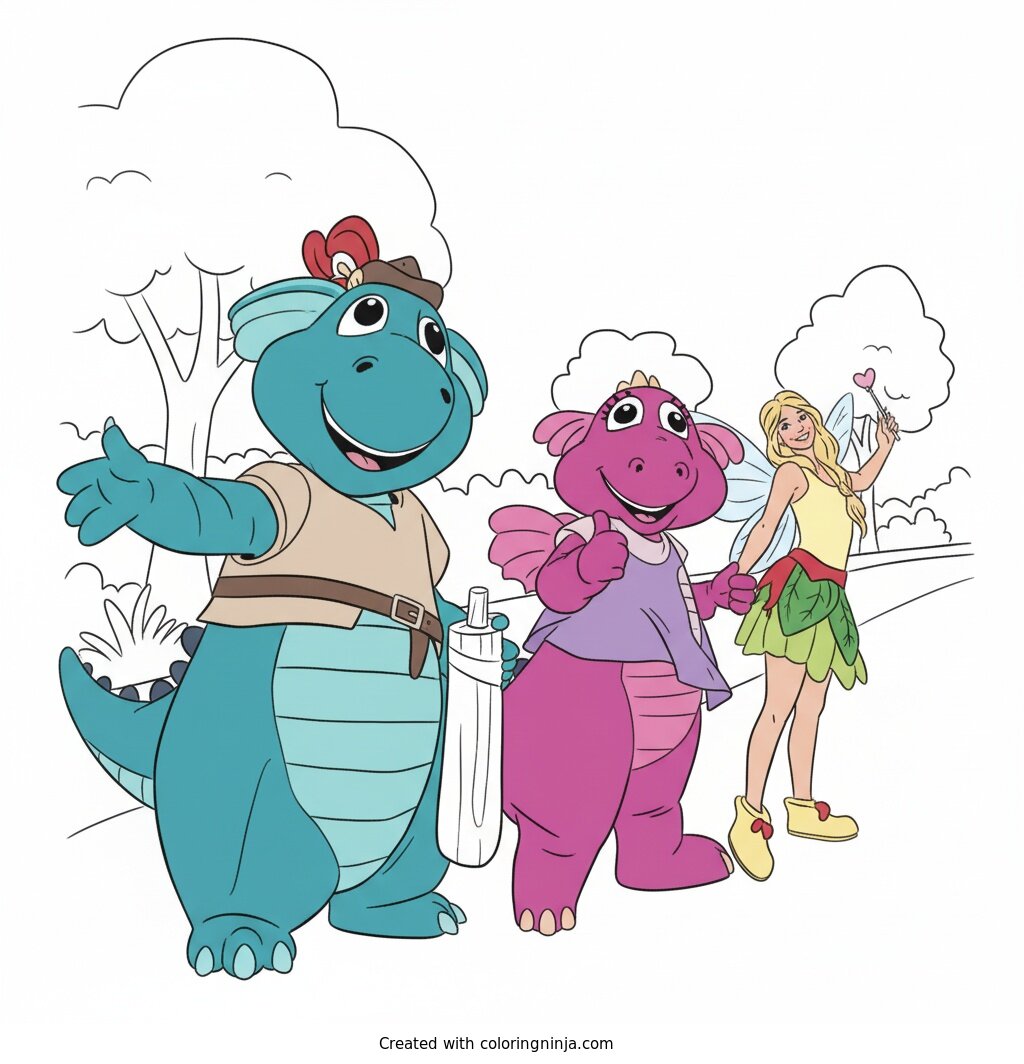 Coloring page of Dragon Tales characters with a fairy friend