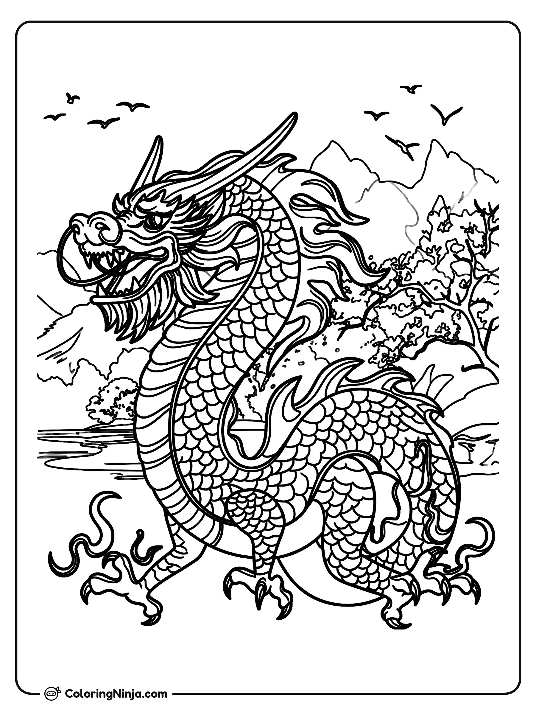 Dragón oriental en la naturaleza, dibujo para colorear: Un tradicional dragón oriental muestra su largo cuerpo escamado rodeado de garras y llamas.